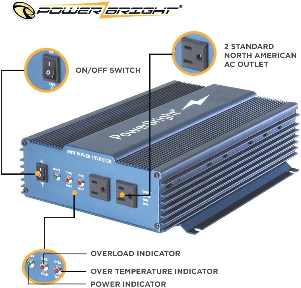 PowerBright 24 Volts Pure Sine Power Inverter 600 Watt, True Sine Continuous 24 Volt DC to 120 Volt AC - Perfect for an Emergency, Hurricane and Storm Outage