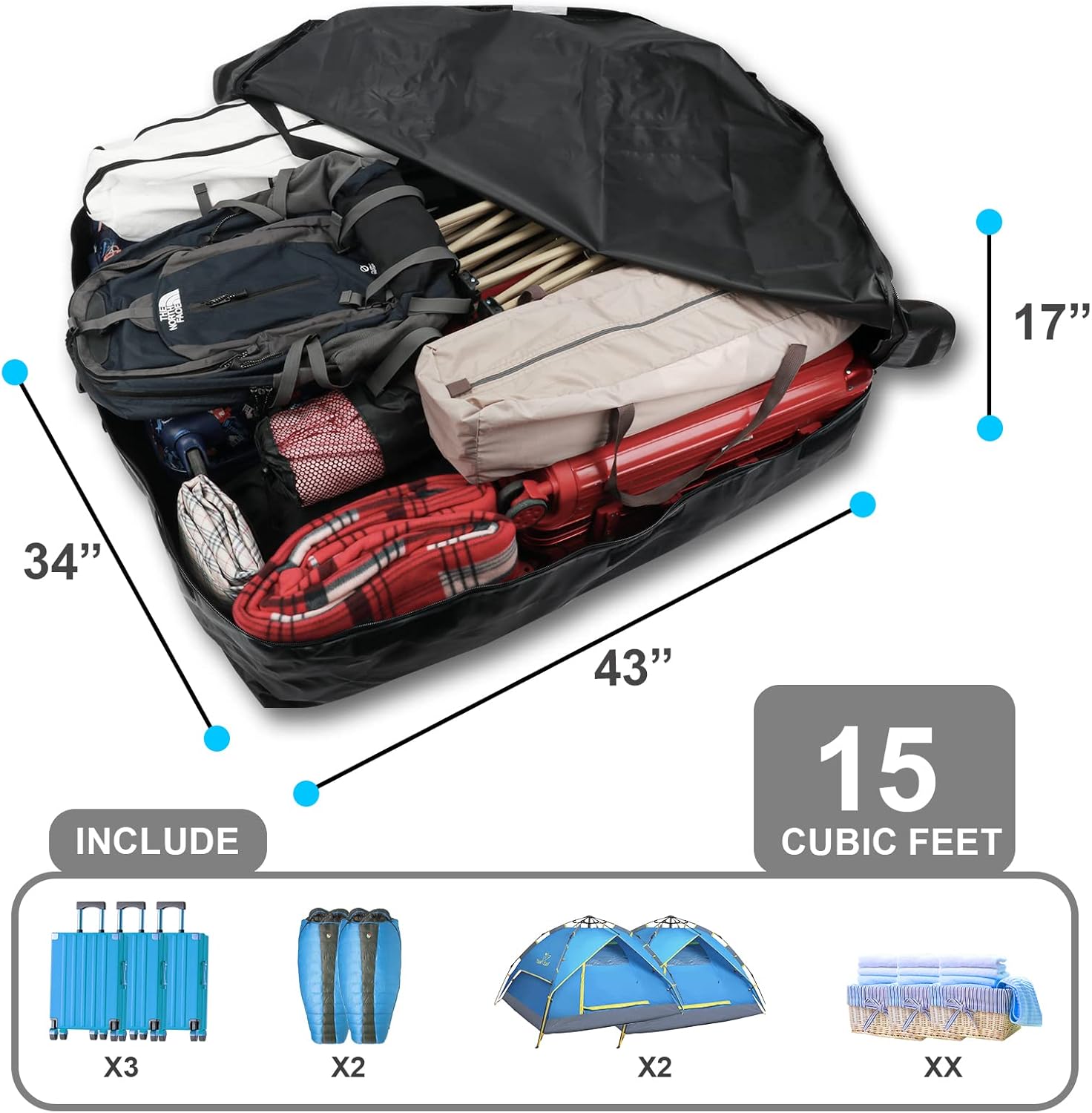 SUPJOY car roof Cargo Carrier 15 Cubic feet Waterproof Car roof Bag Soft Shell Black car top Carrier fits All car with or Without roof Rack,Door Hook