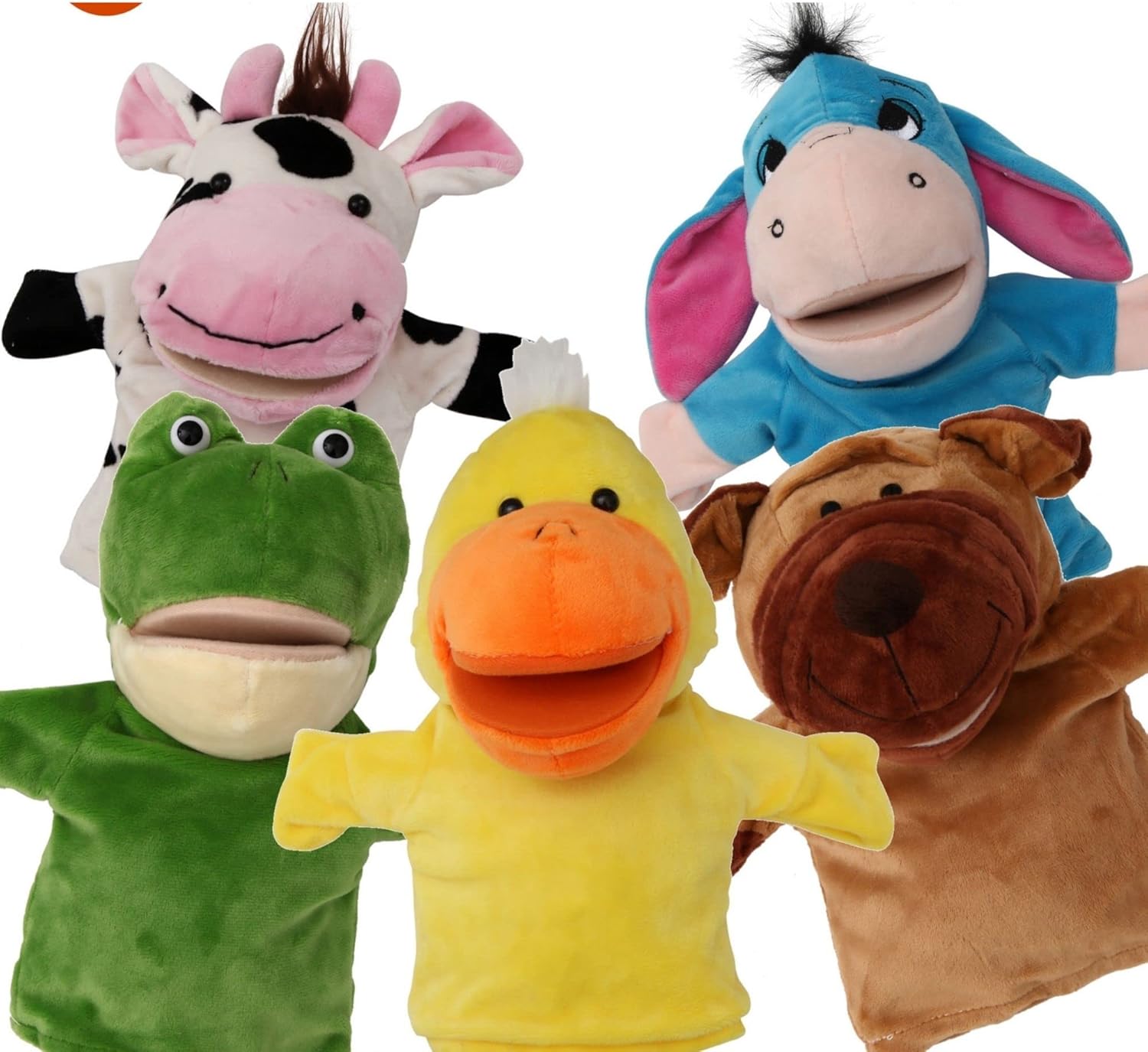 5-Piece Set Animal Hand Puppets with Open Movable Mouth / Zoo, Safari, Farm, Jungle / Cow, Duck, Brown Dog, Frog and Donkey Pack of 2