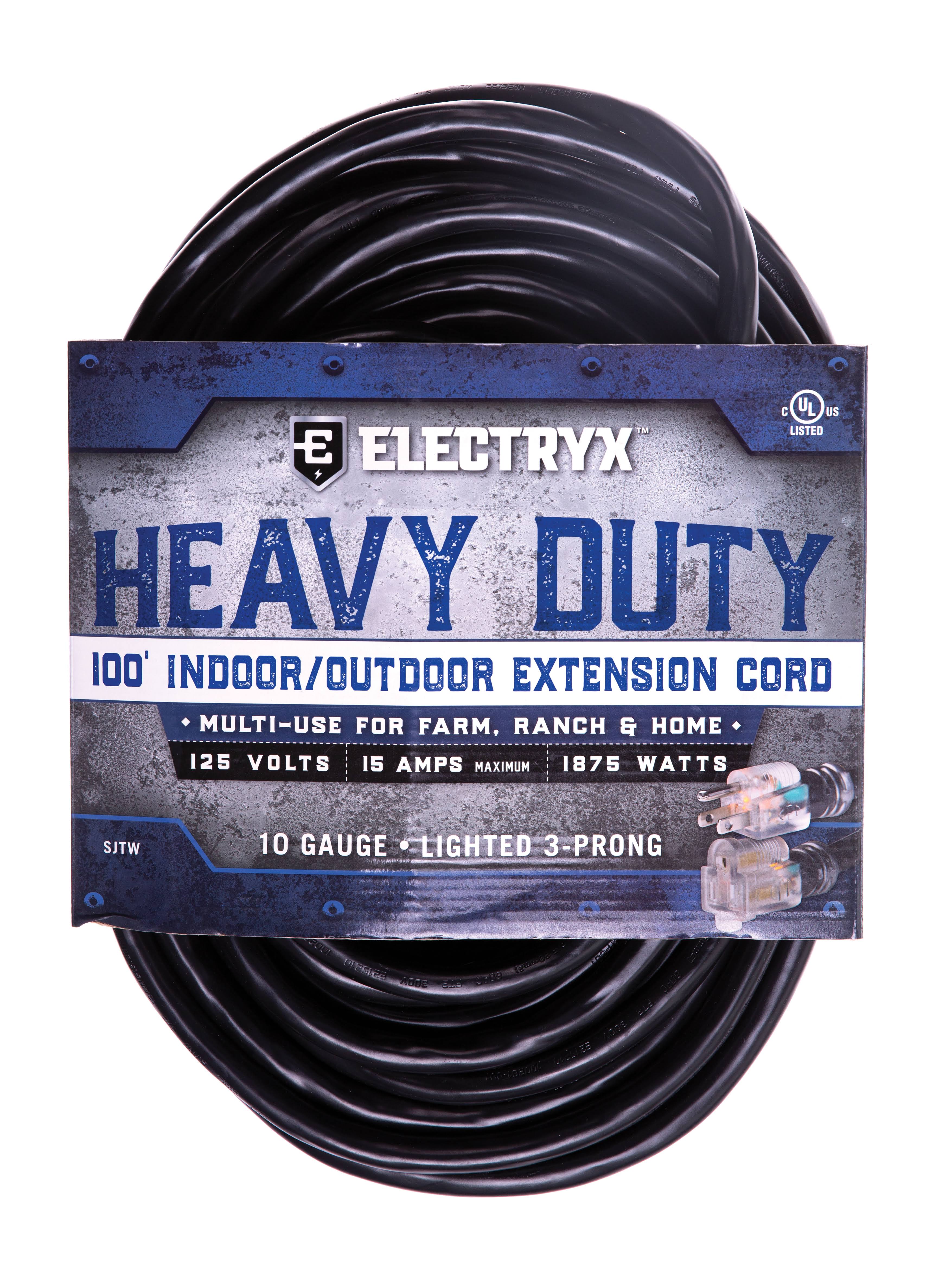 Electryx 100& Heavy Duty Indoor/Outdoor Extension Cord - 10 Gauge, Black EL-10010BLA