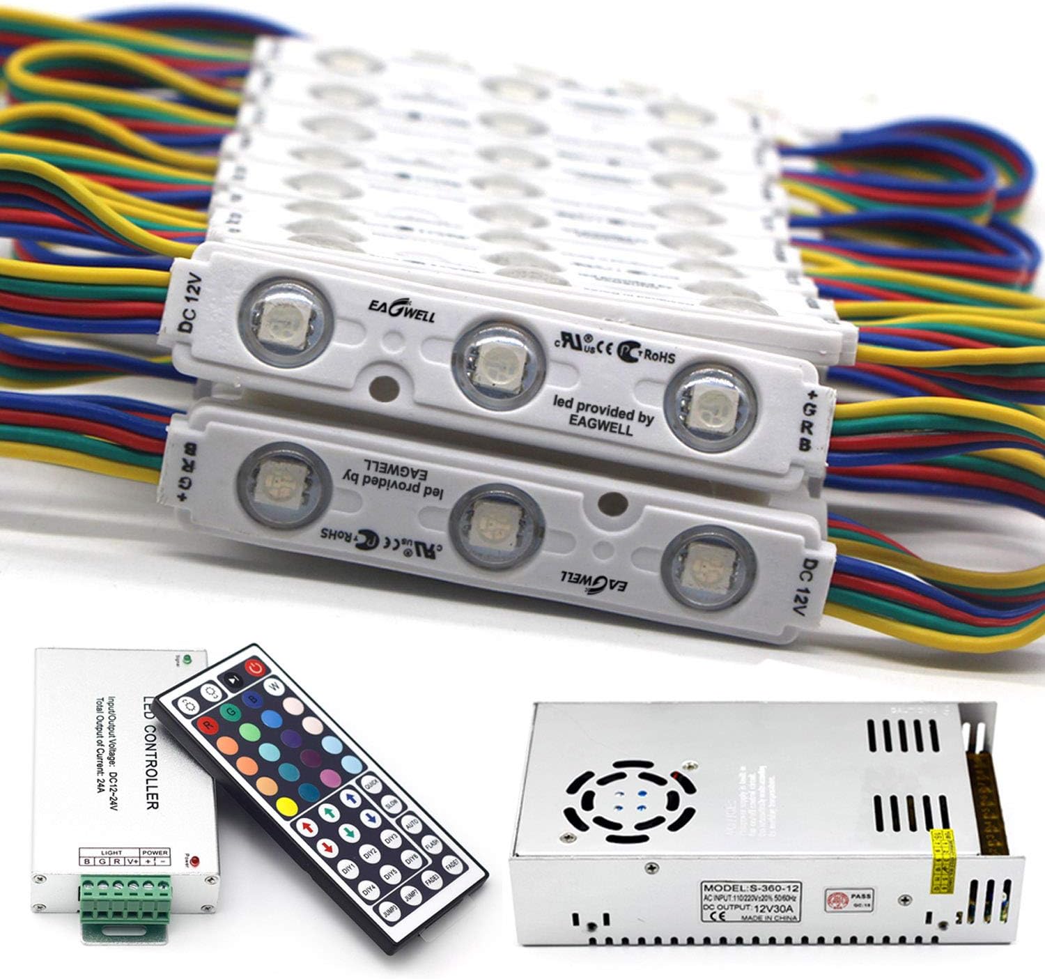 EAGWELL Super Bright 200pcs 3 LED Module RGB 5050 SMD led Waterproof Decorative Storefront LED Light Kits for Letter Sign Advertising Signs with LED Power Supply Pack of 2