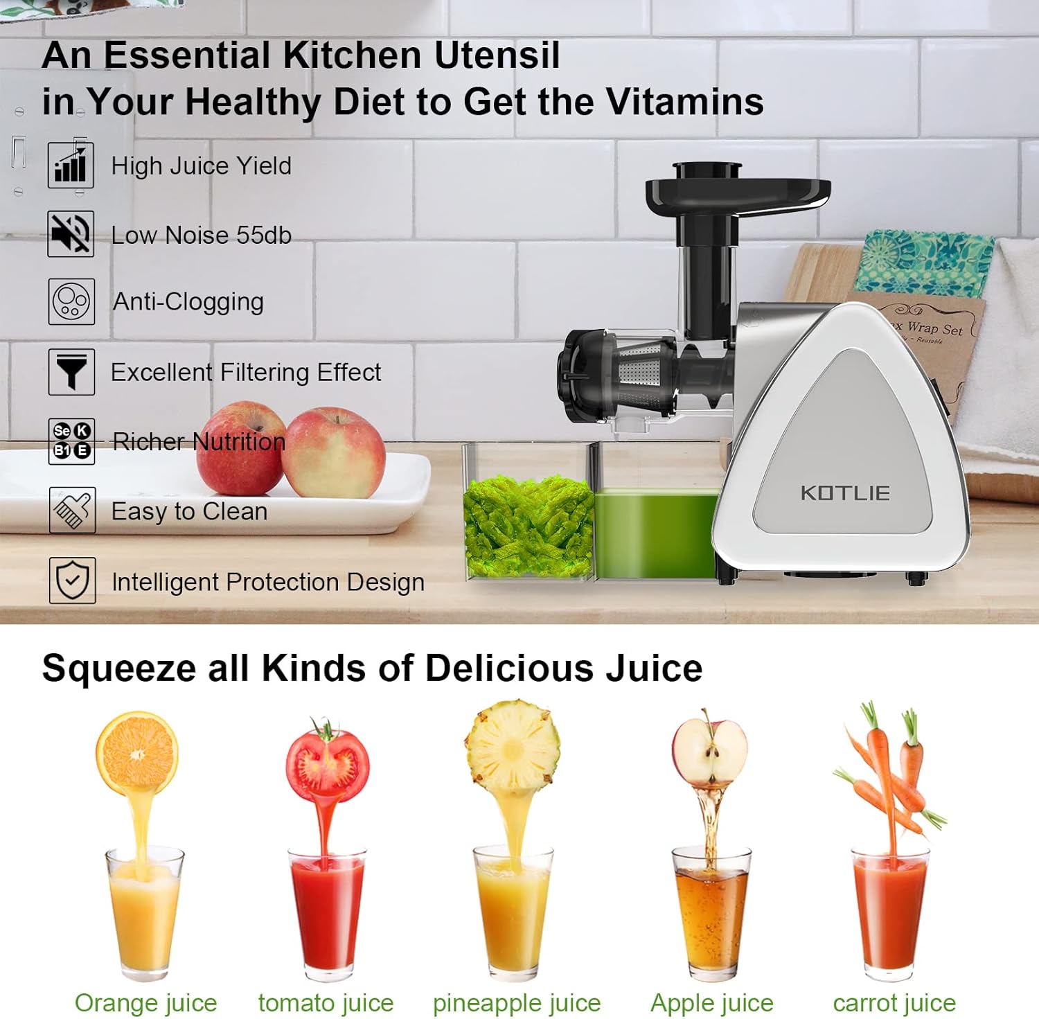 Juicer Machine,KOTLIE Cold Press Juicer,Quiet Masticating Juicer Easy to Clean,High Juice Yield Slow Juicer,Slow Masticating Juicer with Two Special Container,Brush,Silver
