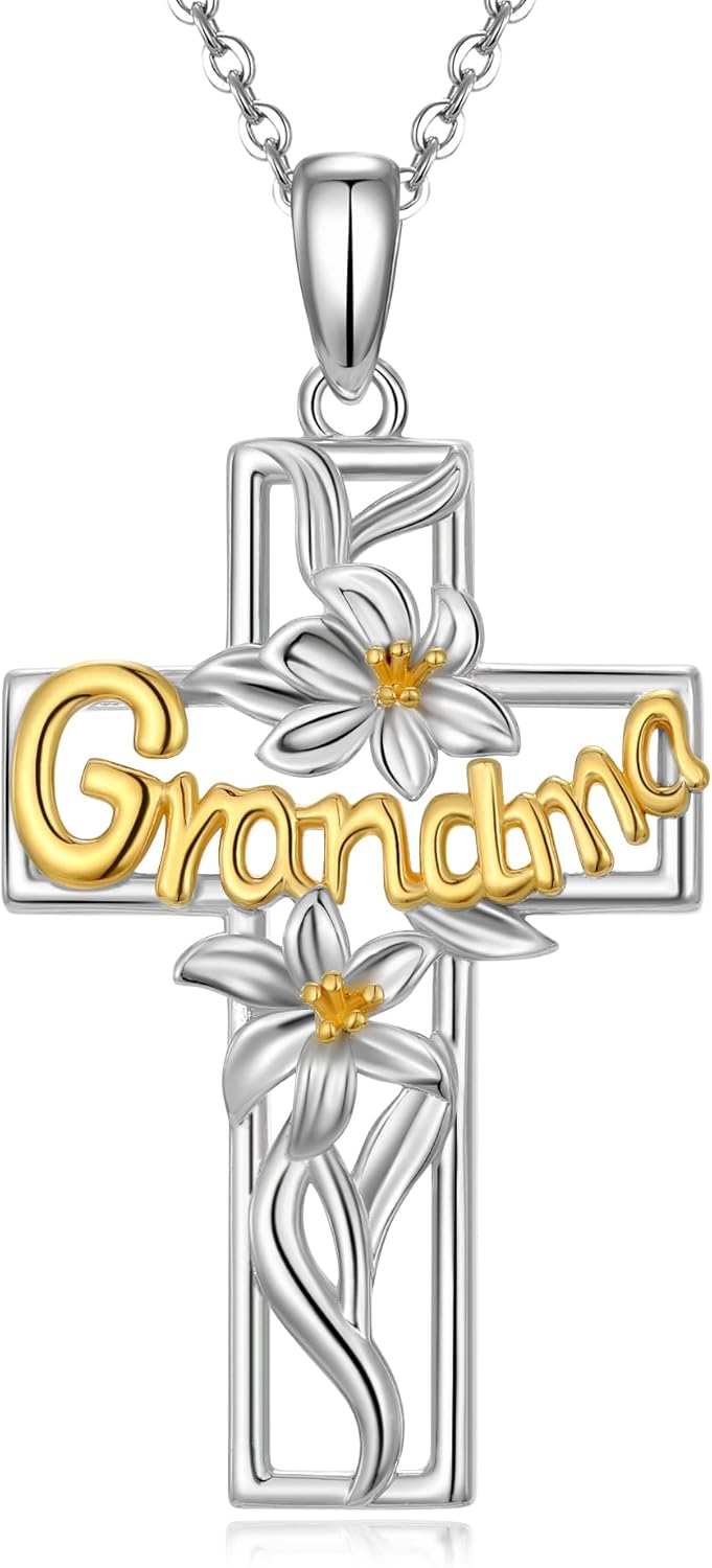 CHIC ARTSY 925 Sterling Silver Heart Mom Cross Pendant Necklace Religious Cross Fine Jewelry For Grandma, Mom, Aunt, Sister, Niece, 20