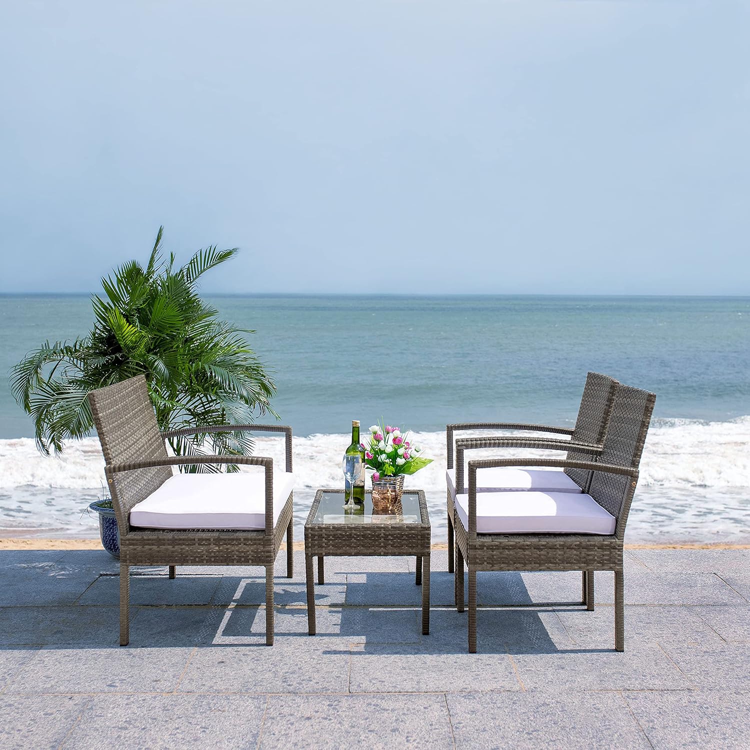 Safavieh PAT7507A Collection Bassey Black and Beige 4-Piece Outdoor Living Patio Set