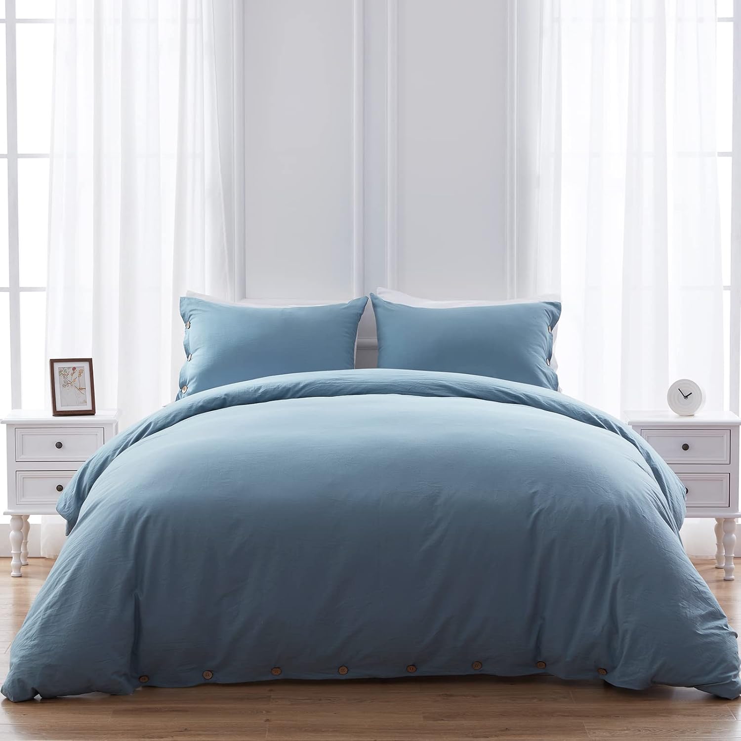 SunStyle Home 100% Washed Cotton Duvet Cover Set Breathable Soft Queen Light Brown Duvet Cover 3 Pieces Solid Color Bedding Set with Buttons Closure Comforter Cover Set (1 Duvet Cover +2 Shams) Pack of 2