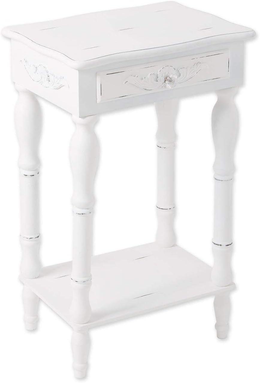 Furniture Creations Carved Wood Shabby Top White Side Night End Table Chic Pack of 2