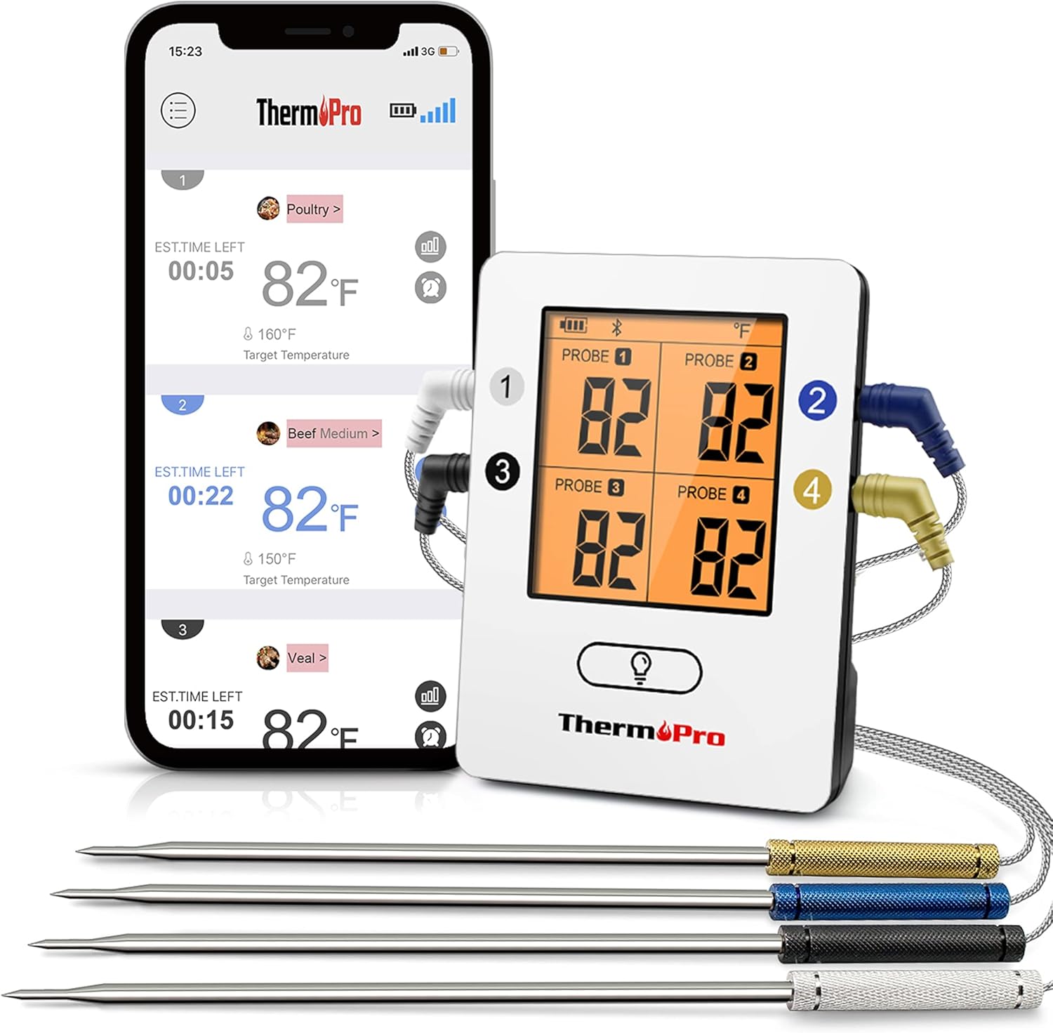 ThermoPro TP25 500FT Bluetooth Meat Thermometer with 4-Probes, Smart Rechargeable Wireless Meat Thermometer for Grilling, Smoker, Oven, Kitchen, BBQ Thermometer with Alarm, Temperature Graph Pack of 2