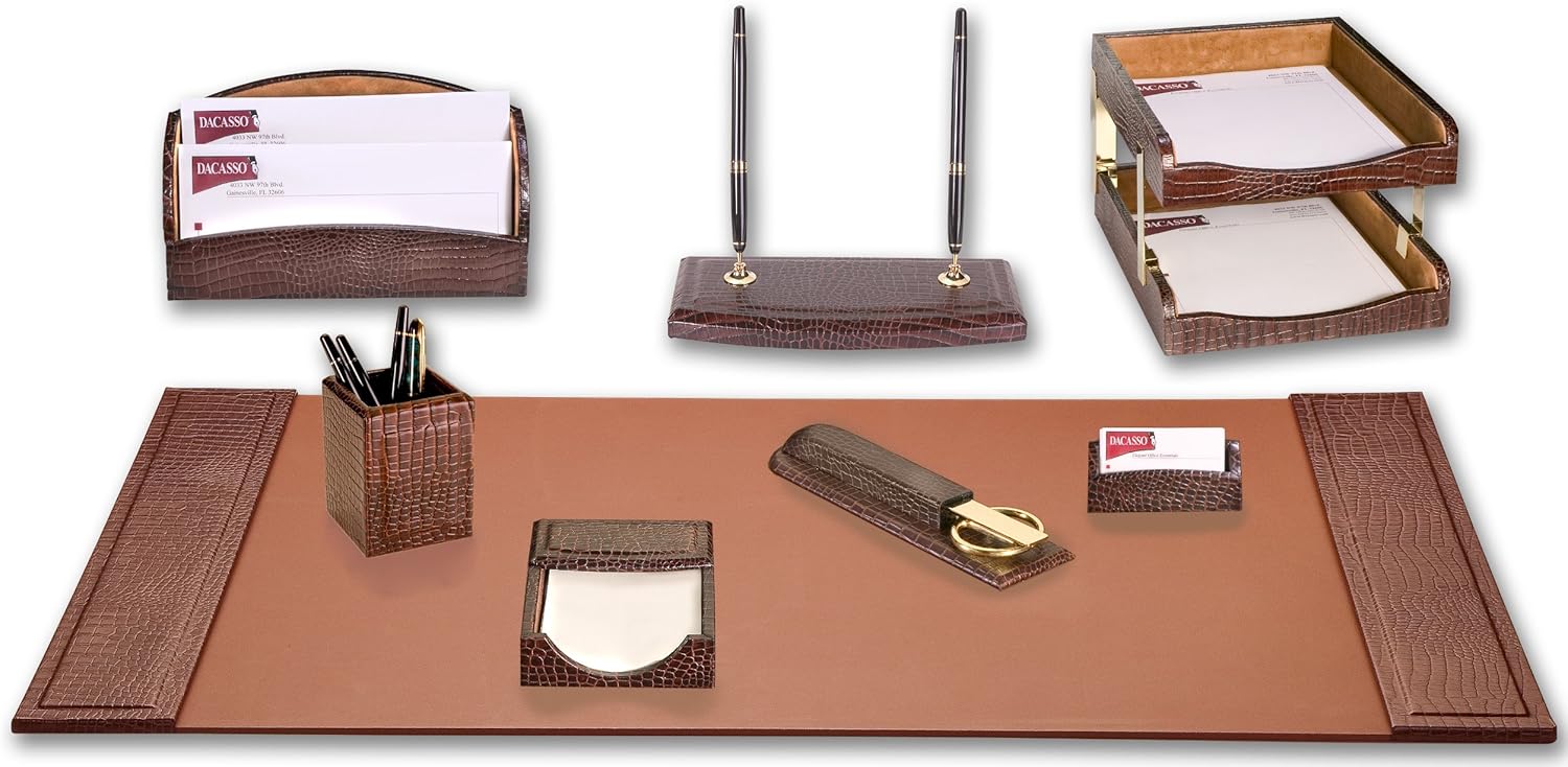 Dacasso Brown Crocodile Embossed Leather Desk Set, 10-Piece (D2020)