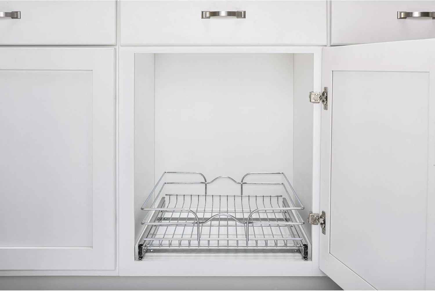 Rev-A-Shelf 5WB1-2122CR-1 21 Inch x 22 Inch Single Wire Basket Pull Out Shelf Storage Organizer for Kitchen Base Cabinets, Silver Pack of 2