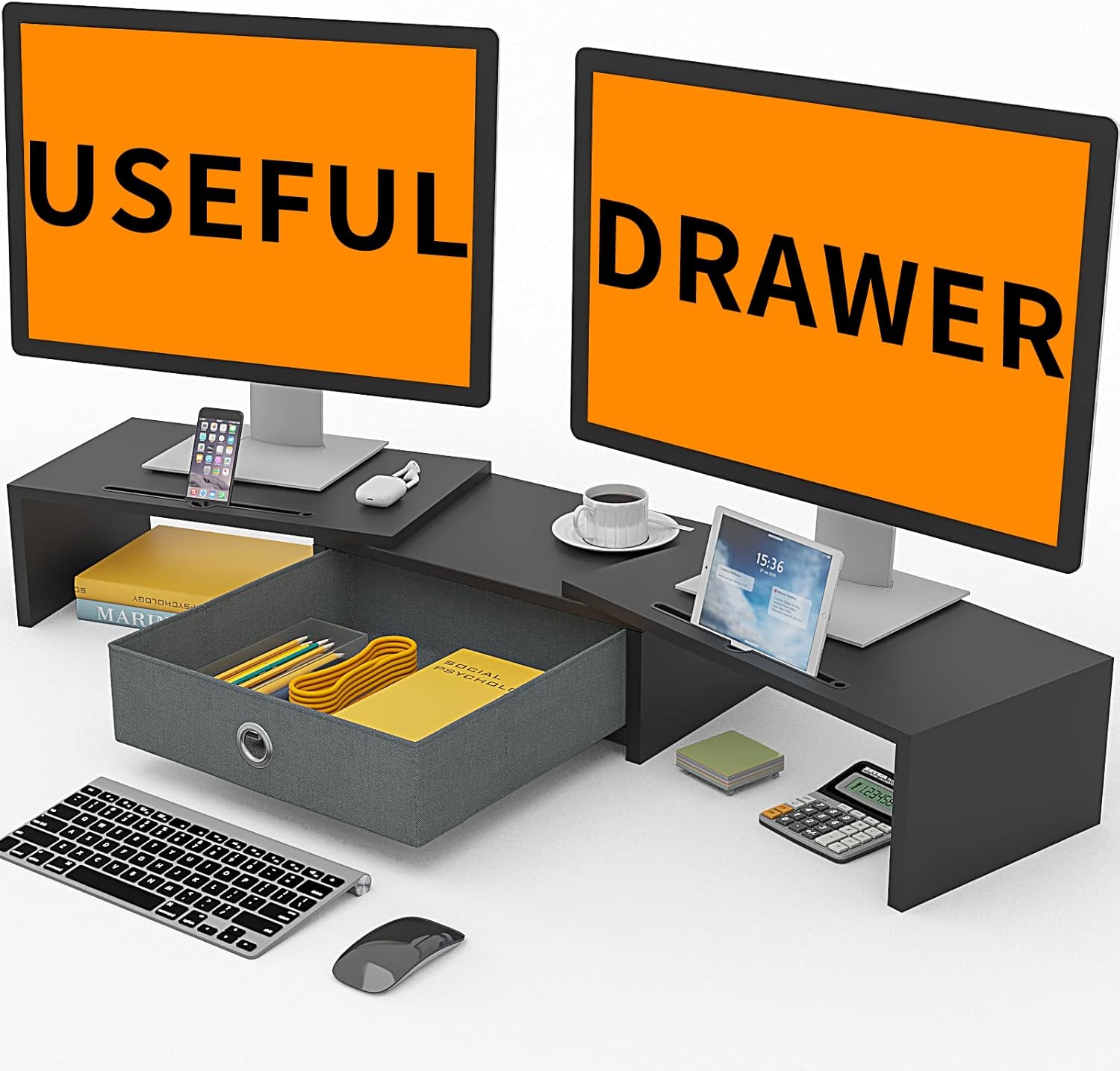 Dual Monitor Stand Riser with Drawer - 3 Shelf Screen Laptop Stands, 2 Phone Hold, Monitor Riser for Printer, PC, TV, Monitor Stands for 2 Monitors Pack of 2