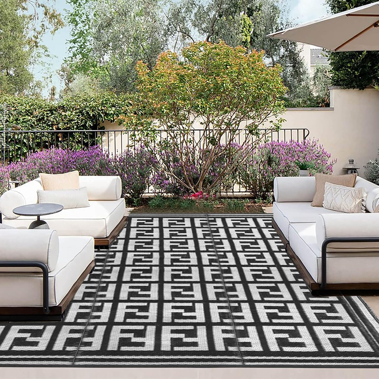 OutdoorLines Outdoor Area Rugs for Patio 4x6 ft - Reversible Outside Carpet, Stain & UV Resistant RV Mats, Plastic Straw Rug for Camping, Deck Garden, Porch and Balcony, Moroccan Black & Light Grey