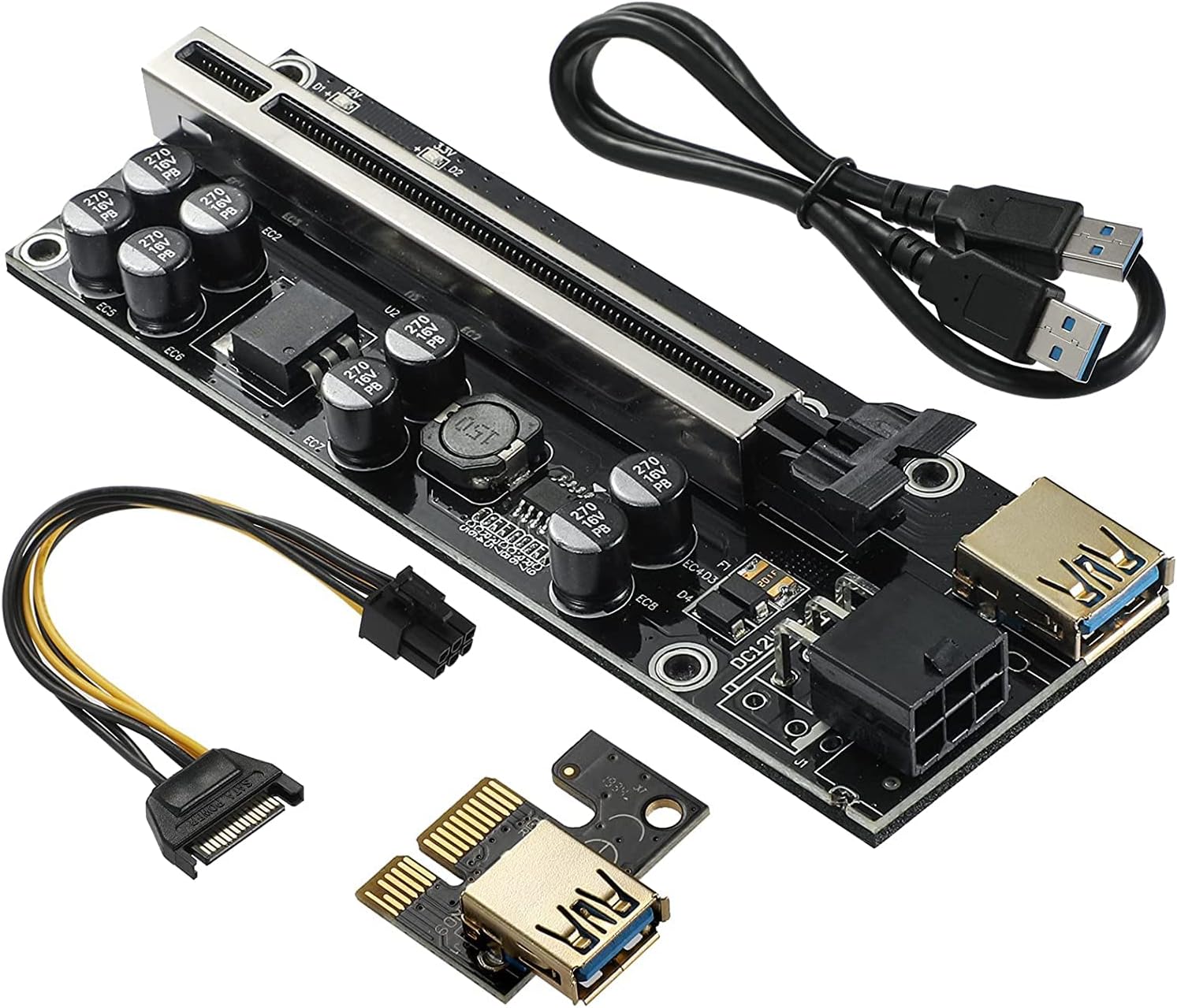 PCI-E 1X to 16X Riser Card,GPU Riser Adapter Card 6PIN SATA Power Cable,8 Solid Capacitors,PCIe Graphics Card Extension Cable,V009S-PLUS Black 6-Pieces Pack of 2