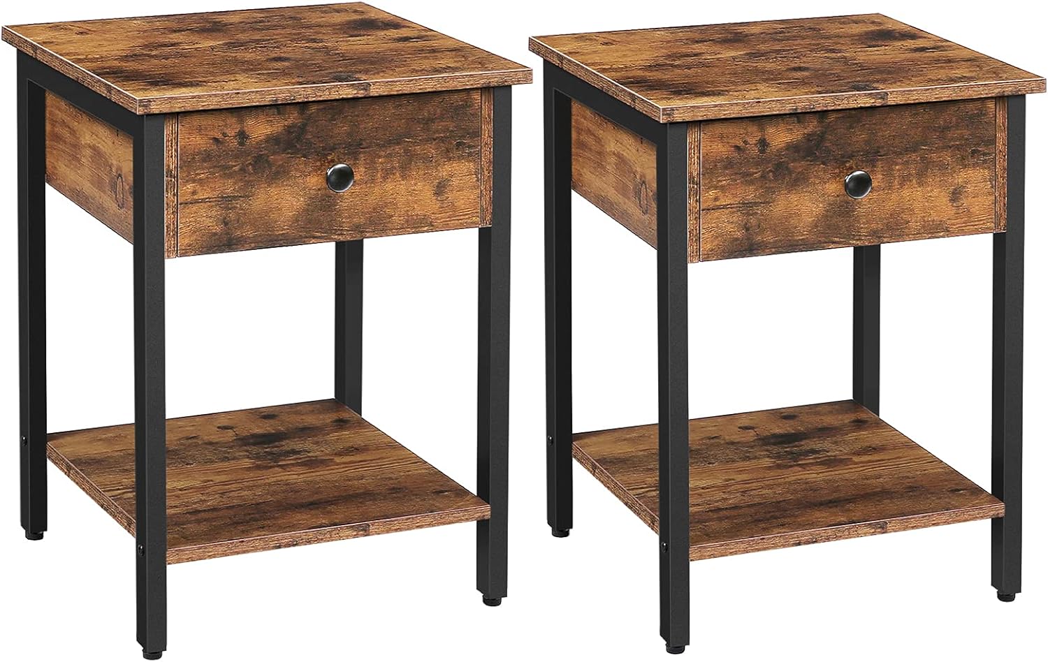 HOOBRO Set of 2 Nightstands, 2-Tier End Table, Industrial Side Table with Drawer and Storage Shelf, Wood Accent Table with Metal Frame, Easy Assembly, Greige and Black BG40BZP201