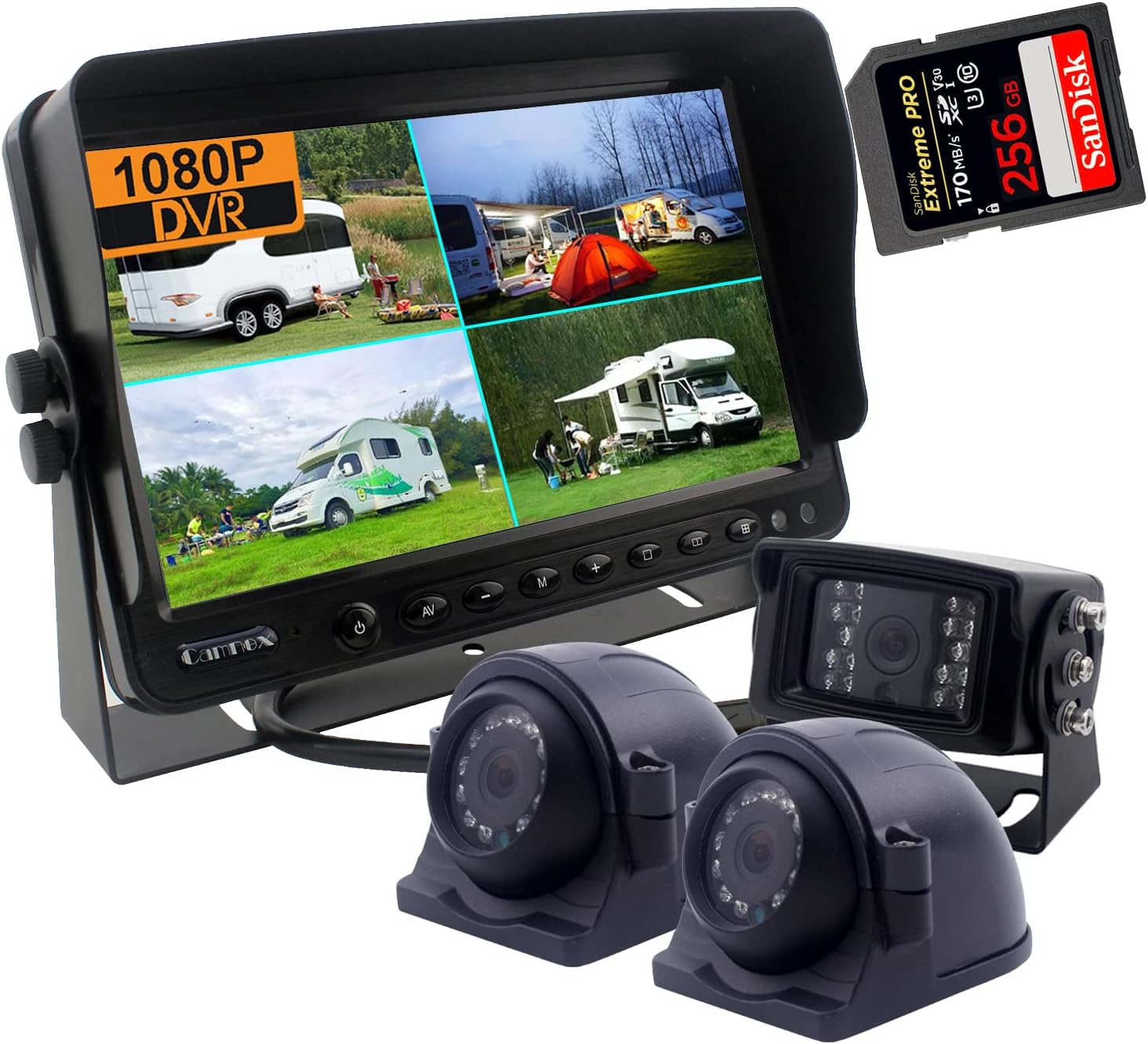 CAMNEX 7 inch Monitor 1080P HD Backup Camera System, HD DVR Recorder, Support 256GB SD Card, 4 Channel Input, Quad Split Screen, 1080P Rear & Side View Camera for Truck Trailer RV Fifth Wheel Caravan