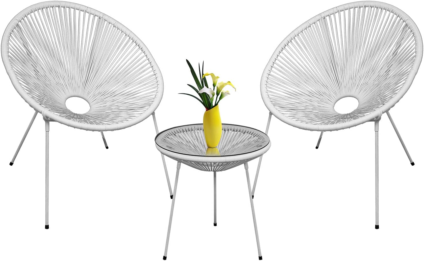 3-Piece Outdoor Acapulco Chair All-Weather Modern Patio Furniture Set w/ 2 Plastic Rope Chairs and Glass Top Table for Indoor and Outdoor (Blue)