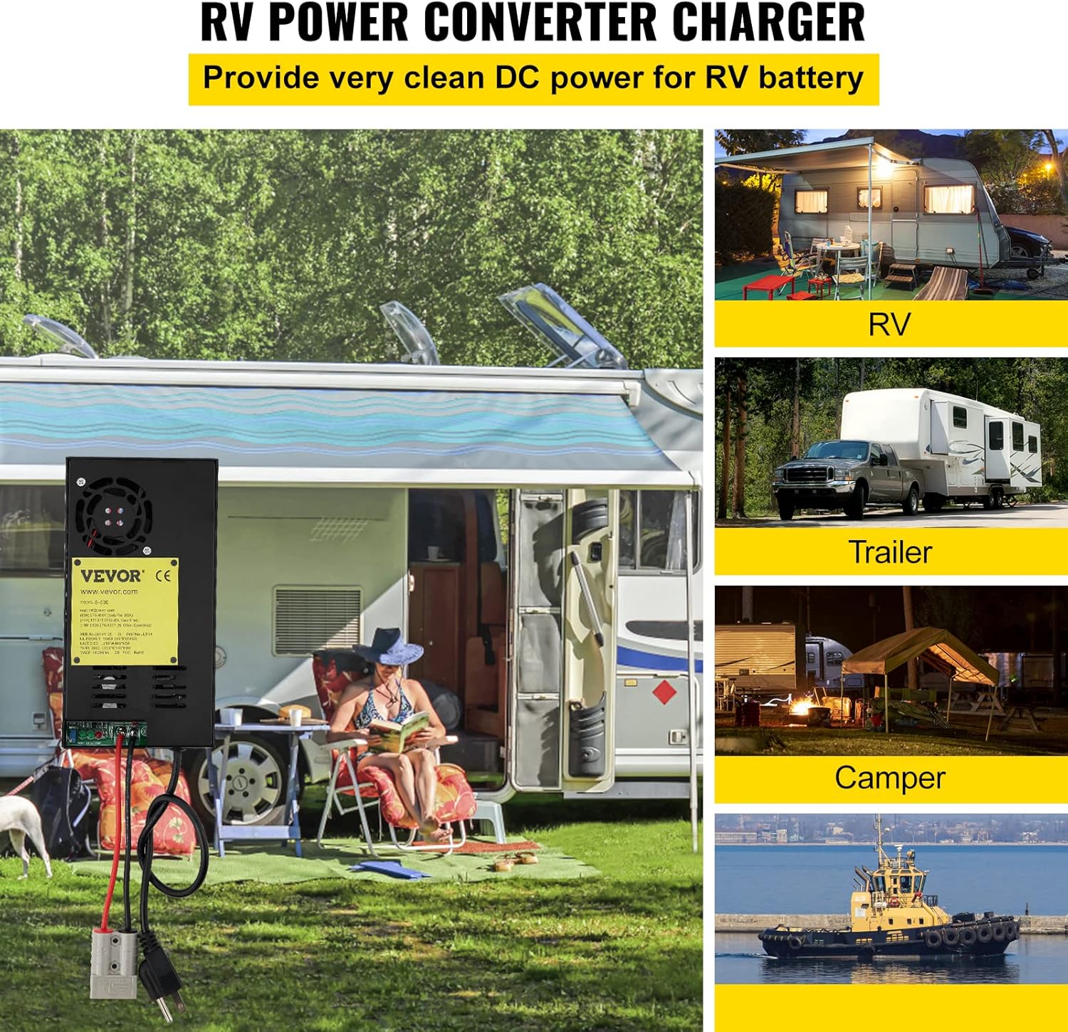 VEVOR RV Power Converter Charger, 110 Volt AC to 12 Volt DC, Power Supply Battery Converter Charger 500W with 13-16V DC Adjustable Operating Range, Three-Stage Inverter, for RV Trailer Camper 30 Amp