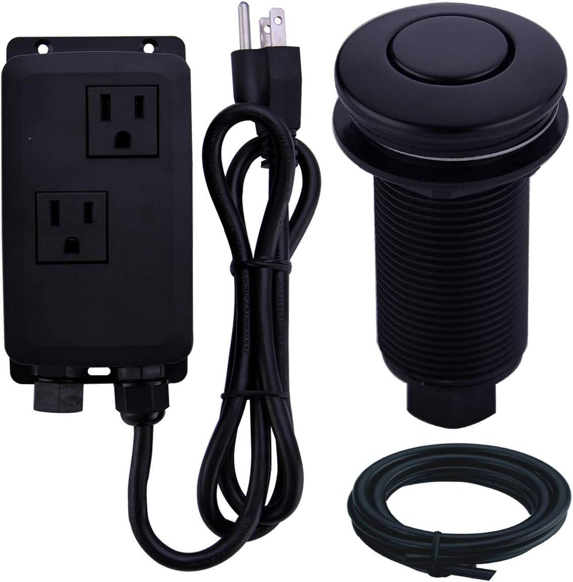 SINKINGDOM Garbage Disposal Air Switch Kit Sink Top with Long Button,Matte Black(Brass cover)