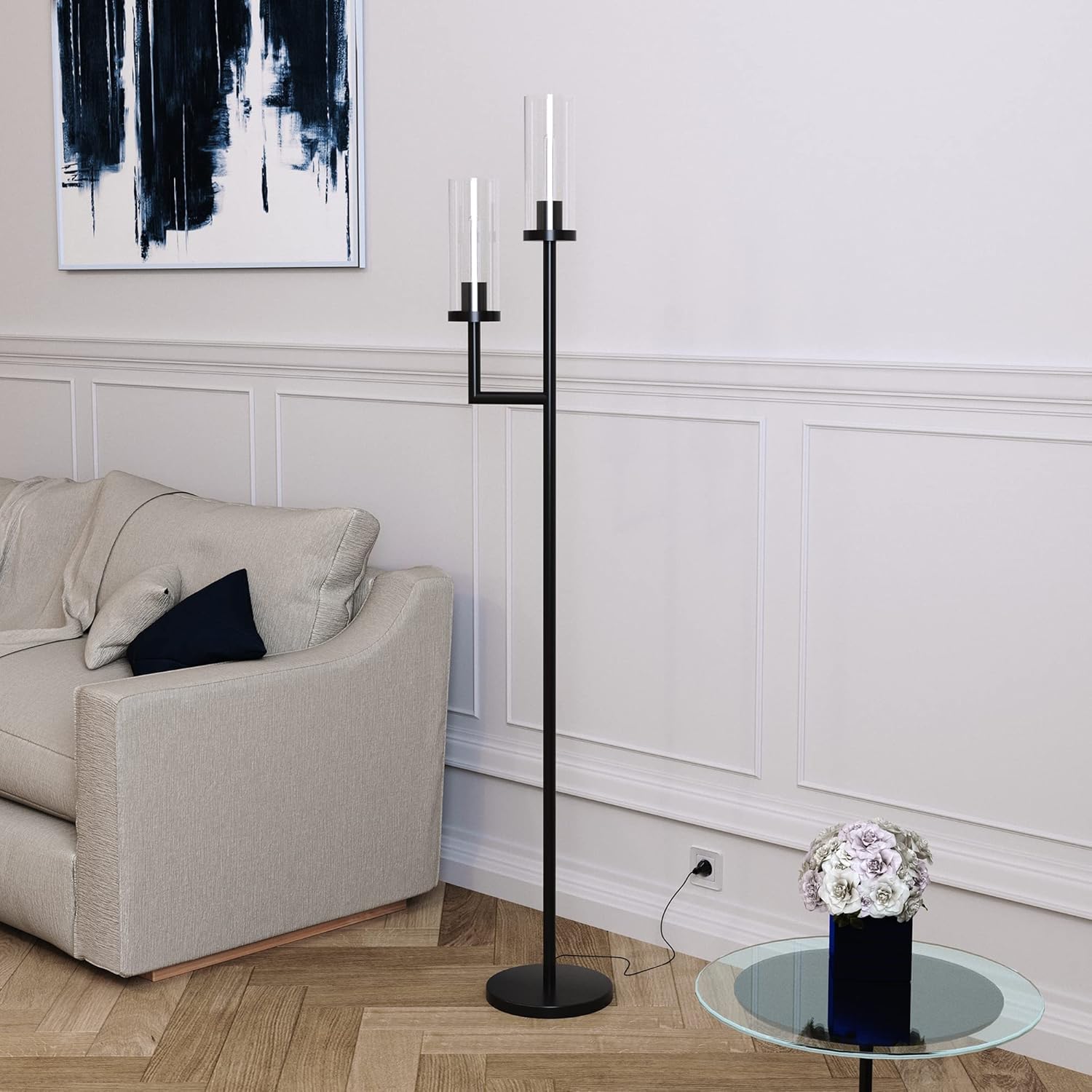Henn&Hart Traditional 2-Light Torchiere Floor Lamp with Clear Glass Shades in Blackened Bronze