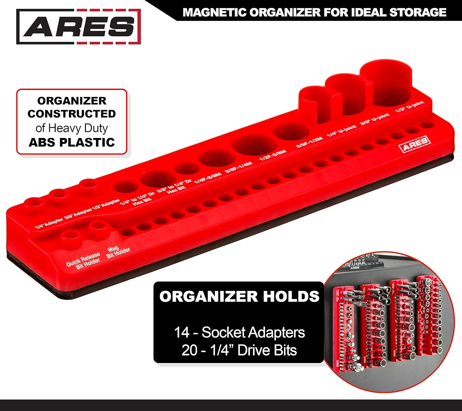 ARES 70750 - 34-Piece Magnetic Socket Accessory Holder - Powerful Magnets Hold Adapters, Universal Joints, Bit Holders, and Bits