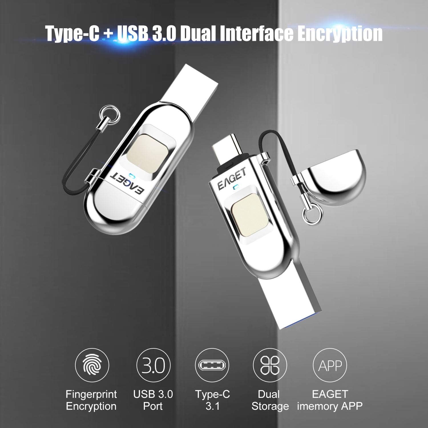 Encrypted Fingerprint USB 3.0 Flash Drive 128GB Type C - EAGET Memory Stick USB Secure Flash Drive for Personal Data Security Protection Pack of 2