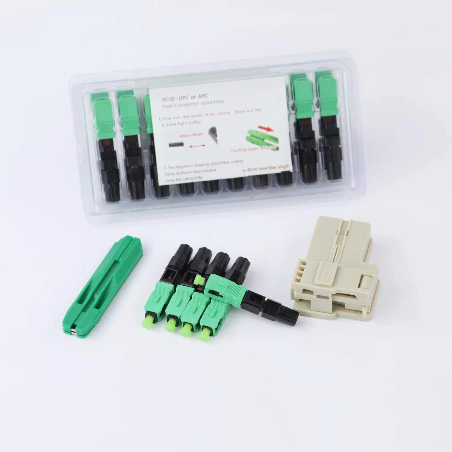 100pcs LEITE SC APC Fiber Optic Quick Connector with Matched Tools Fiber Reusable Connectors Single Mode SM 9/125 Mechanical Fast Connectors Adapter for FTTH CATV Network Instrument Pack of 2