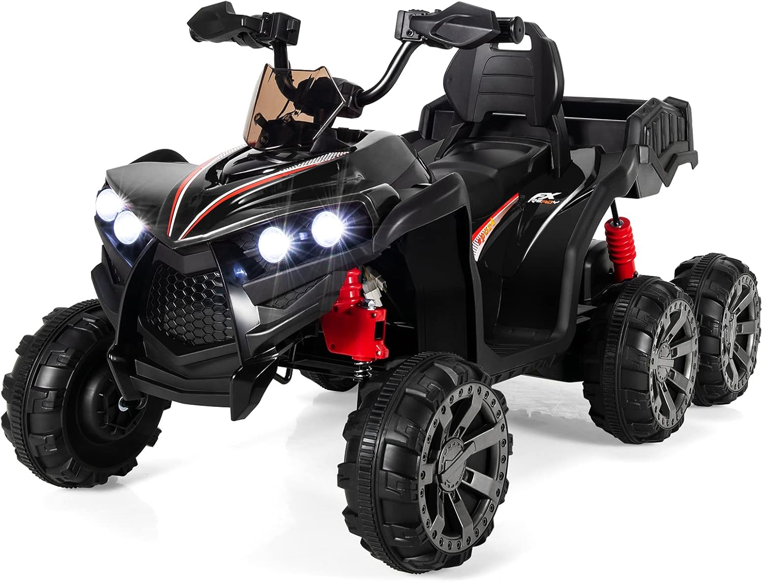 Costzon Kids ATV, 12V Battery Powered 6 Wheels Electric Vehicle w/ 4WD, Back Trunk, LED Lights, Music, Story, USB, Backrest, Treaded Tires, Ride on Car Quad for Boys & Girls Gift, Ride on ATV (Black)
