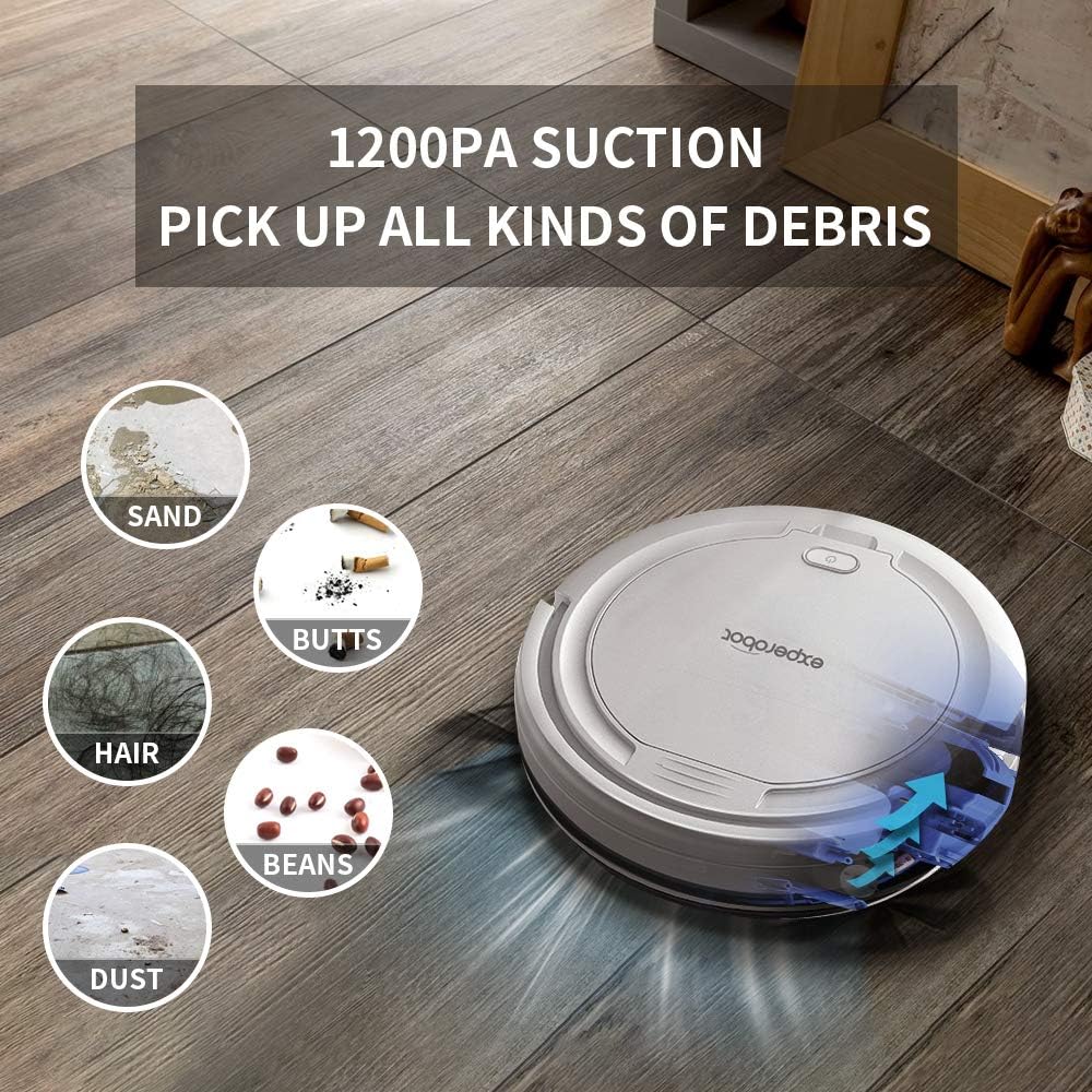 Robotic Vacuum Cleaner,Experobot K5AV Mini Robot Vacuum Cleaner,1500mAh Li-ion Battery,Auto Robotic Vacuum Cleaner, Ideal for Hardwood Floor & Low Pile Carpet, Robotic Cleaner Pet Hair (Black)