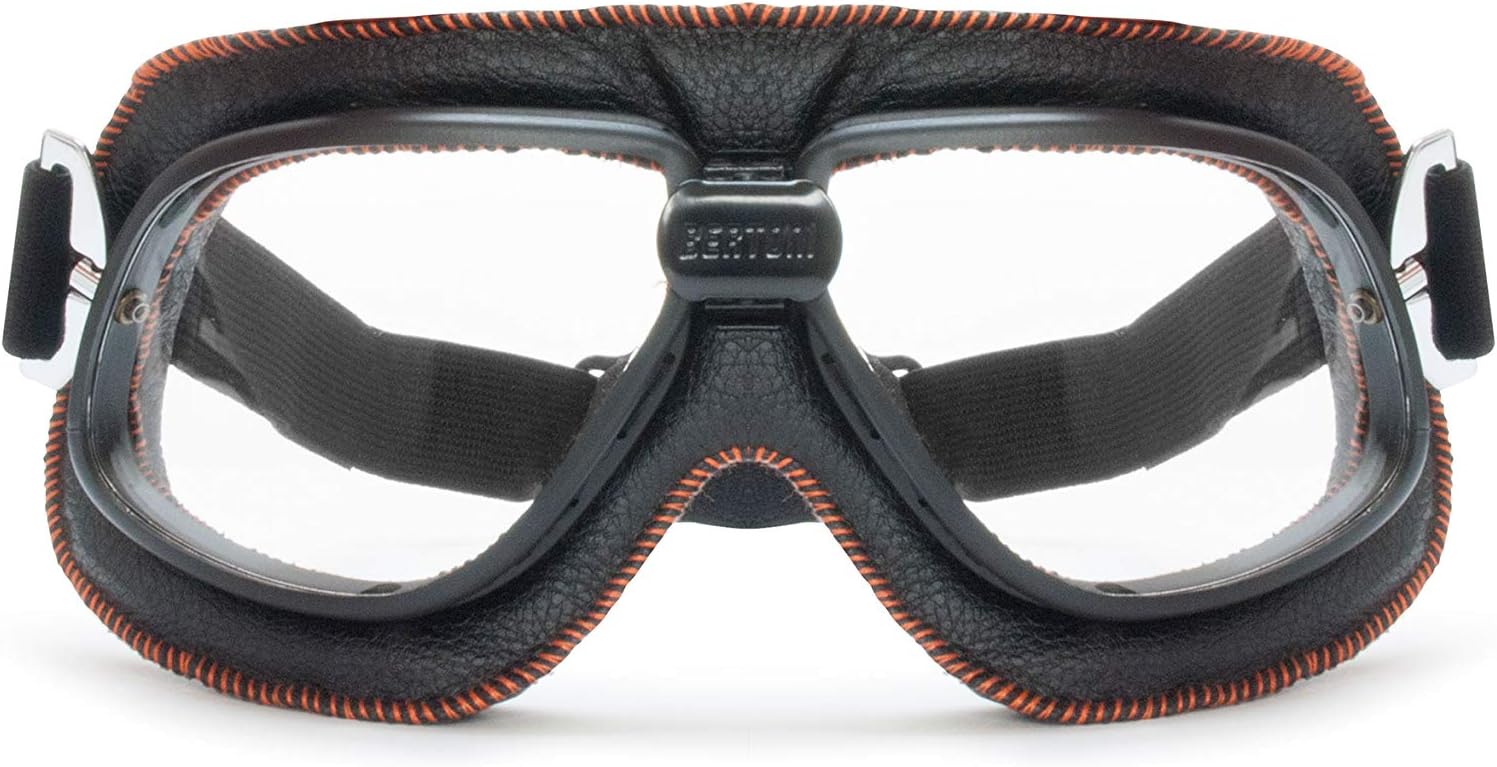 Bertoni Vintage Motorcycle Goggles in Black Leather and Orange Stitching with Anticrash Lenses By Bertoni Italy - AF196B - Motorbike Aviator Goggles