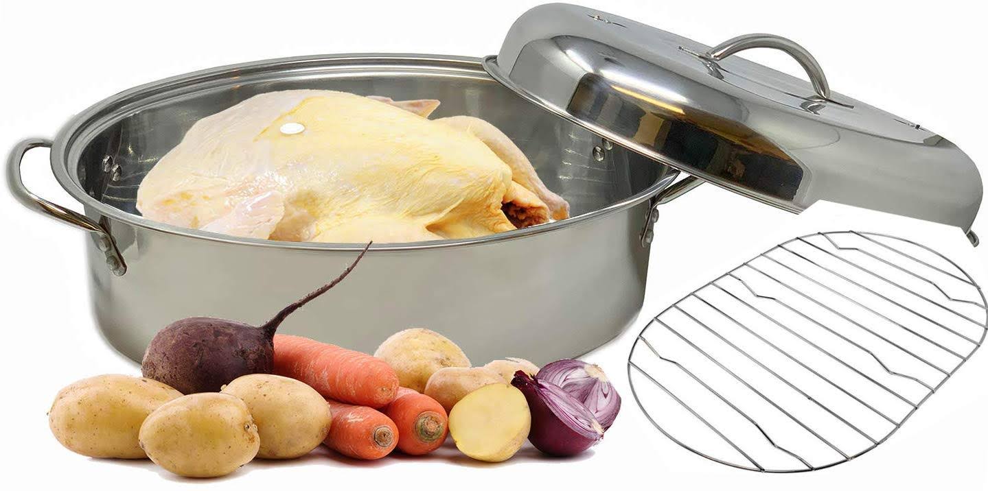 Stainless Steel Roaster Pan Extra Large u0026 Lightweight with Induction Lid u0026 Wire Rack 9.5 Quart Capacity