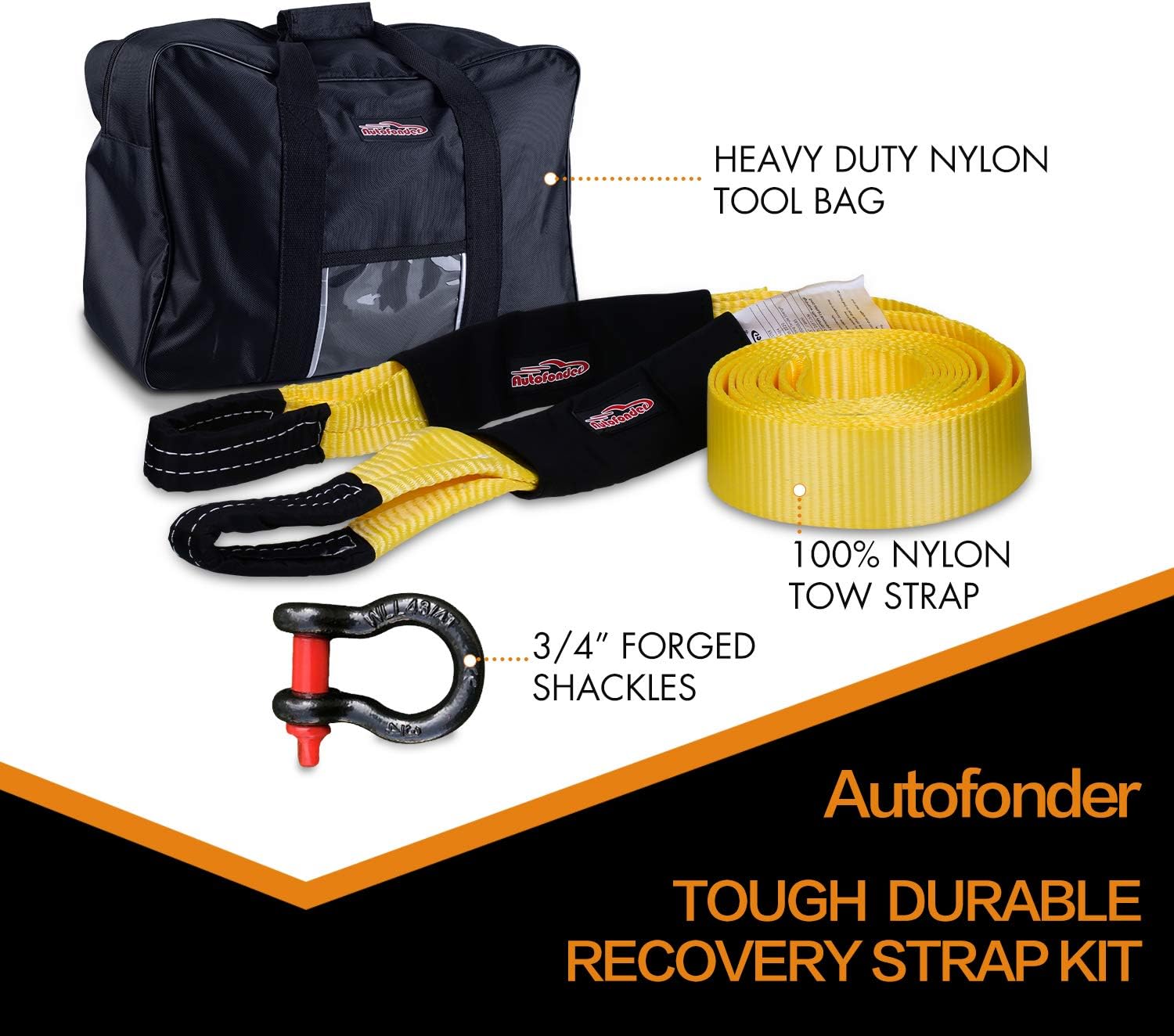 Autofonder Heavy Duty Tow Strap 12T Recovery Kit: 4WD Tow Strap + 3/4 Bow Shackle (2pcs) + Storage Bag (20ft)