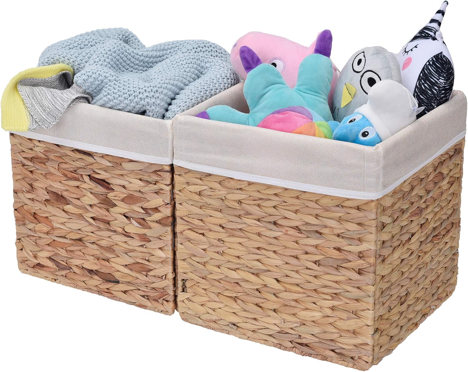 StorageWorks Rectangular Wicker Baskets for Shelves, Water Hyacinth Hand-Woven Baskets with Linings, Medium, 10.2 x 10.2 x 10.6 inches, 2-Pack Pack of 2