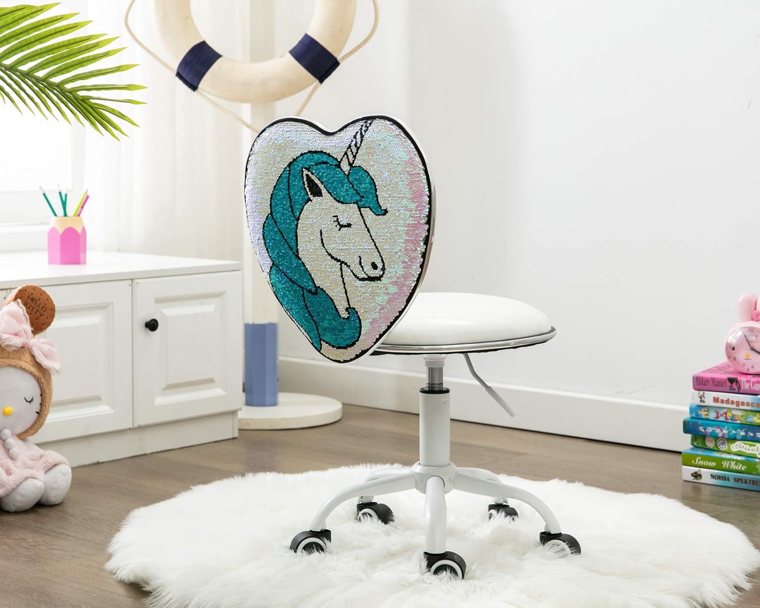 CIMOTA Kids Desk Chair Computer Chair for Girls Adjustable Children Study Chair with Back Cute Rolling Swivel Chair for Bedroom, White