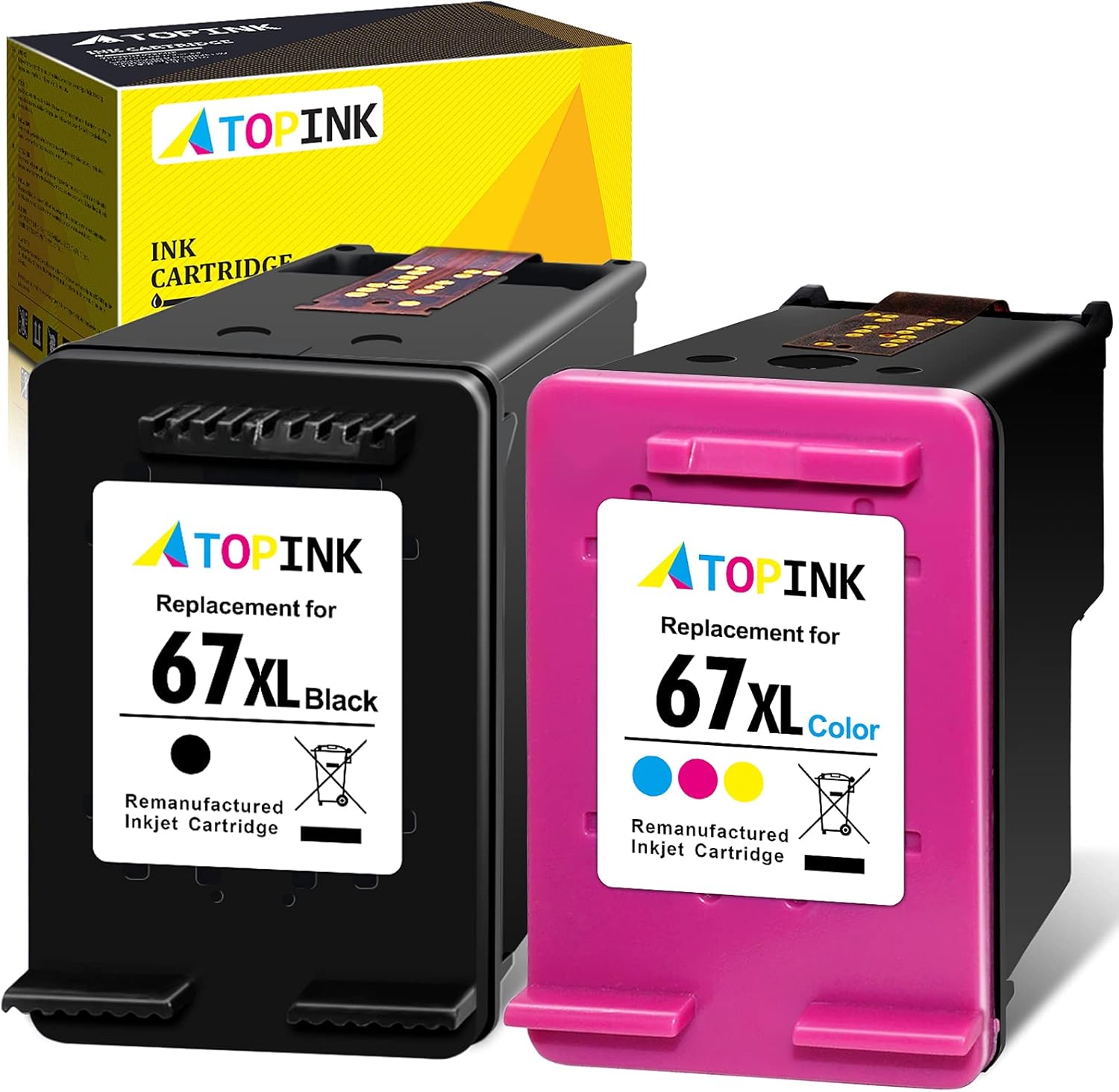 ATOPINK Remanufactured Ink Cartridge Replacement for HP 67 XL 67XL (Black Tri-Color) Work with DeskJet 2752 2710 2755 2722 2720 2300 2330 Plus 4100 4152 4158 Envy 6055 6052 6022 Pro 6452 6455 Printer Pack of 2