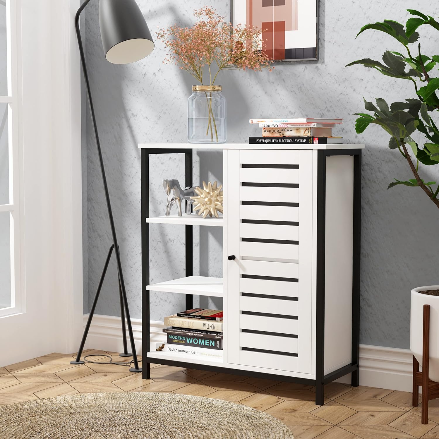RAAMZO 4-Tier White and Black Storage Cabinet, Bookshelf, Multipurpose Cabinet, 3 Open Shelves with Door Shutters for Kitchen, Living Room, Bathroom, Bedroom