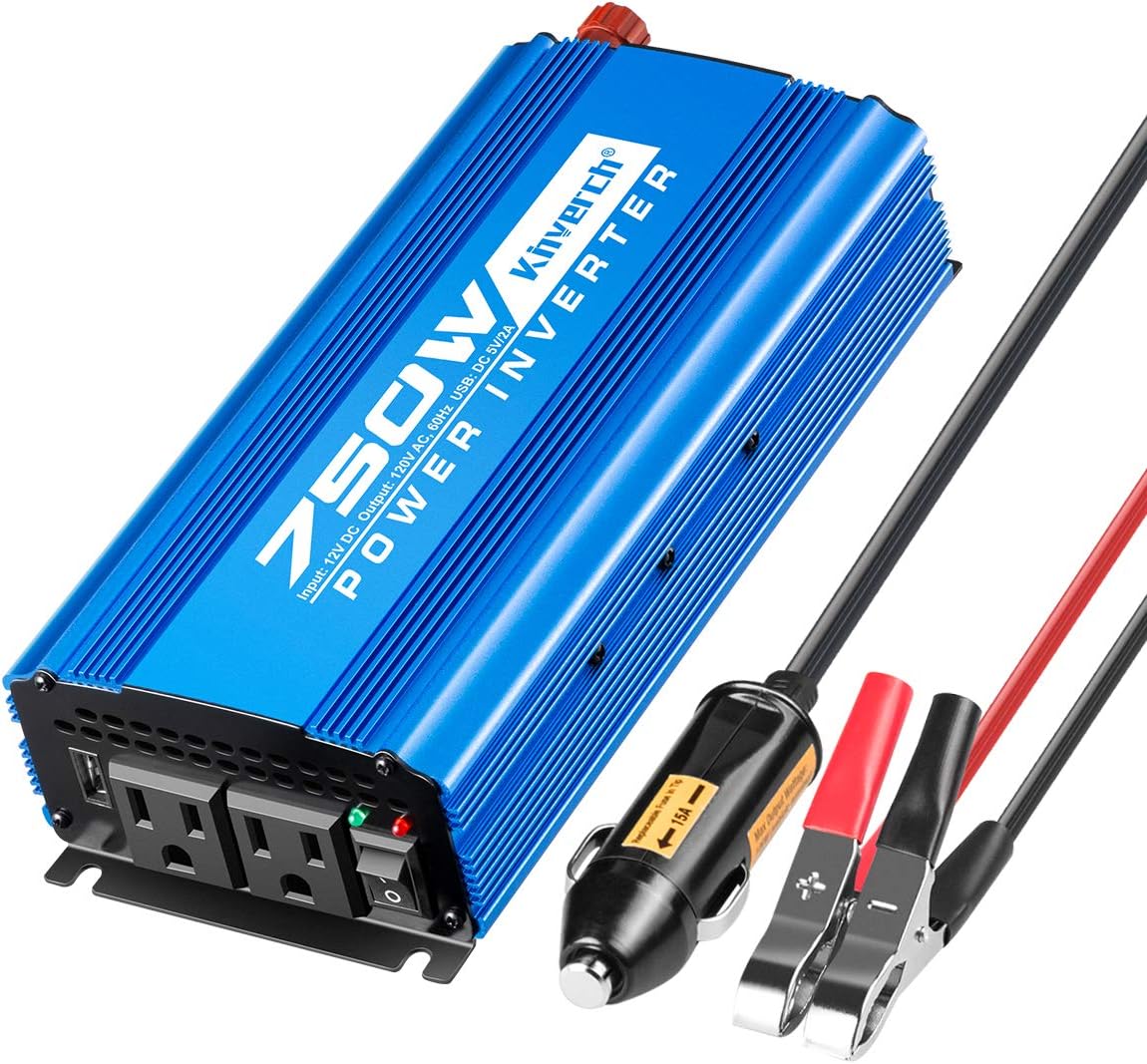 Kinverch 750W Continuous/1500W Peak Power Inverter DC 12V to 110V Car Converter AC with 2 AC Outlets and 2A USB Charging Port Pack of 2