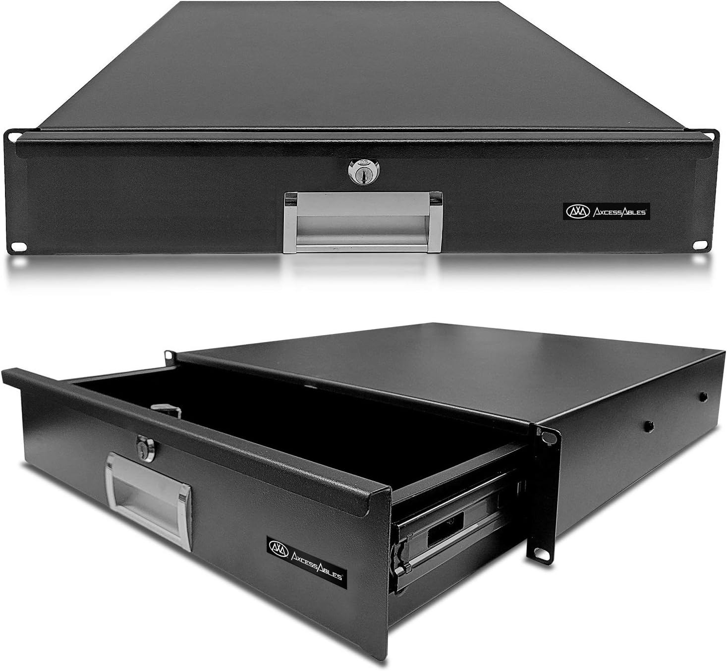 AxcessAbles RKDRAWER2U 2U Universal Rack Mount Storage Drawer Compatible with All 19-Inch Rack-mount Systems and Server Cabinets. With Lock and Keys. Extra deep 15 inch drawer. Pack of 2