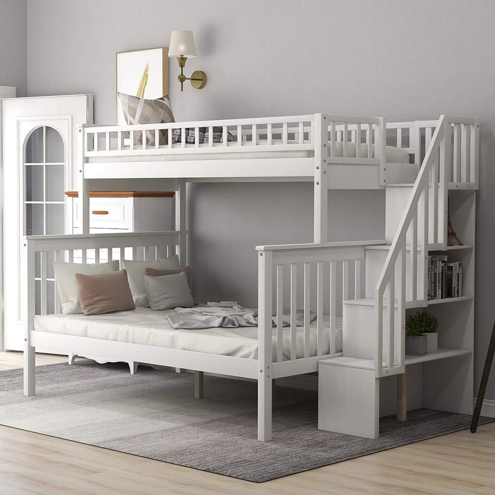 Twin Over Full Bunk Beds, Rockjame Wood Space Saving Design Stairway Bunk Bed Frame with Storage and Safety Guard Rail, Convertible to 2 Separated Beds (Gray)