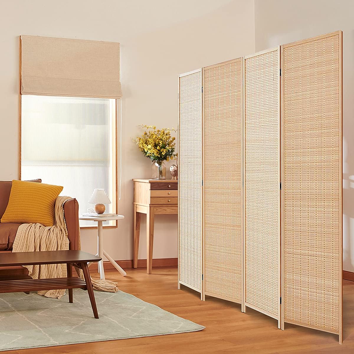 TinyTimes 6 FT Tall Bamboo Room Divider, 4 Panel Room Dividers & Folding Privacy Screens, Decorative Separation Wall Divider, Room Partitions, Freestanding - Natural, 4 Panel