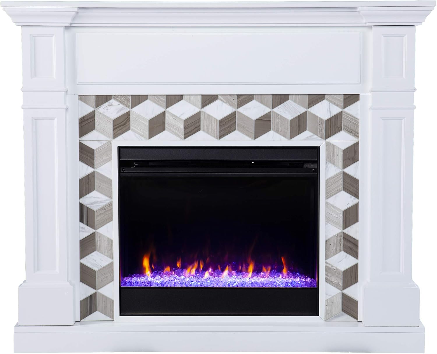 SEI Furniture Darvingmore Color Changing Fireplace w/ Marble Surround, White/ Brown