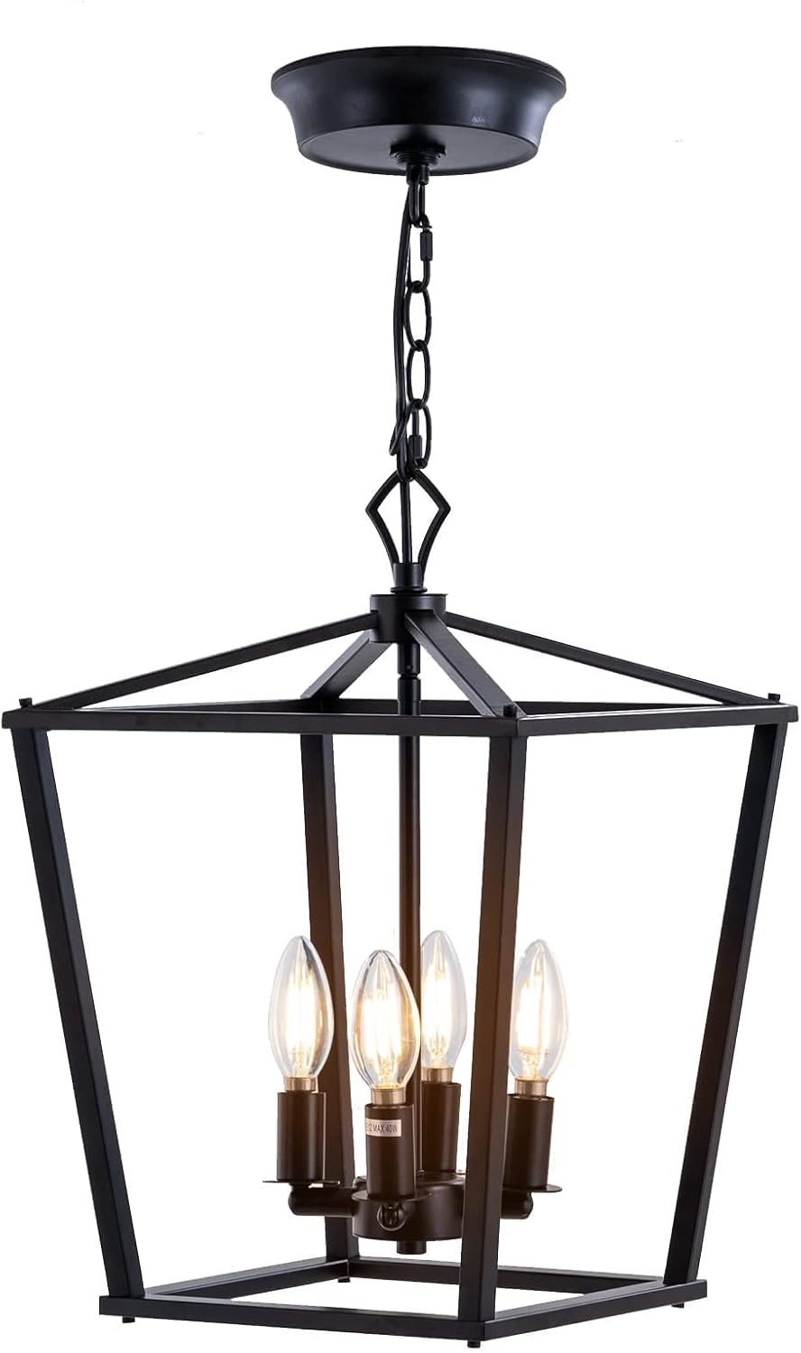 Black Pendant Lighting for Kitchen Island,Farmhouse Deco Chandelier Light Fixture,4-Lights Square,Adjustable Height Lantern Lights for Bedroom Dining Room Foyer Entryway,Dimmable,by IYFLLIM