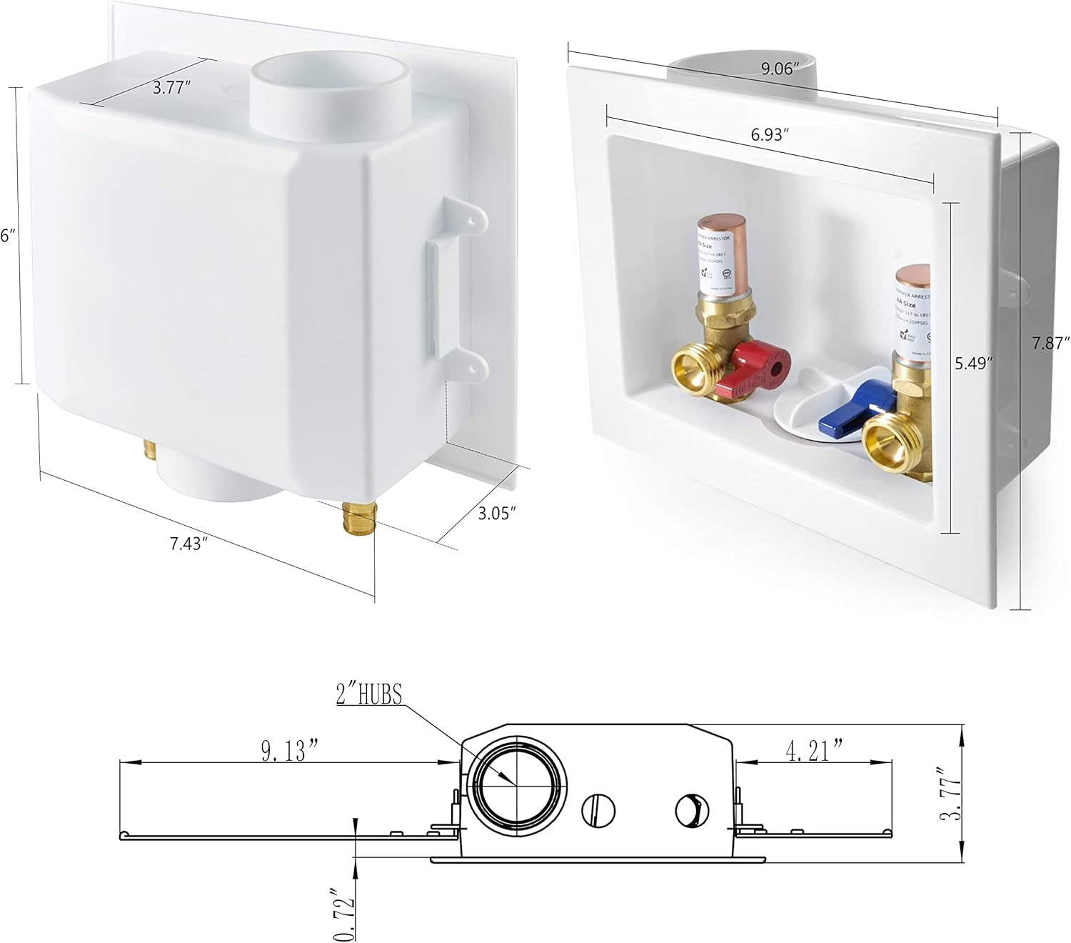 EFIELD Washing Machine Outlet Box with Center Drain with Brass 1/4 Turn Valves Installed, 1/2