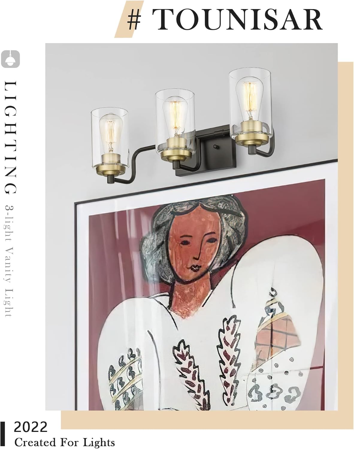 TOUNISAR 21.3 Inch Vanity Lighting Fixtures - 3-Light Industrial Bathroom Vanity Light with Clear Glass, Black Vanity Light in Matte Black and Brushed Brass Metal Finish for Bathroom, V9025-3 BK+BR