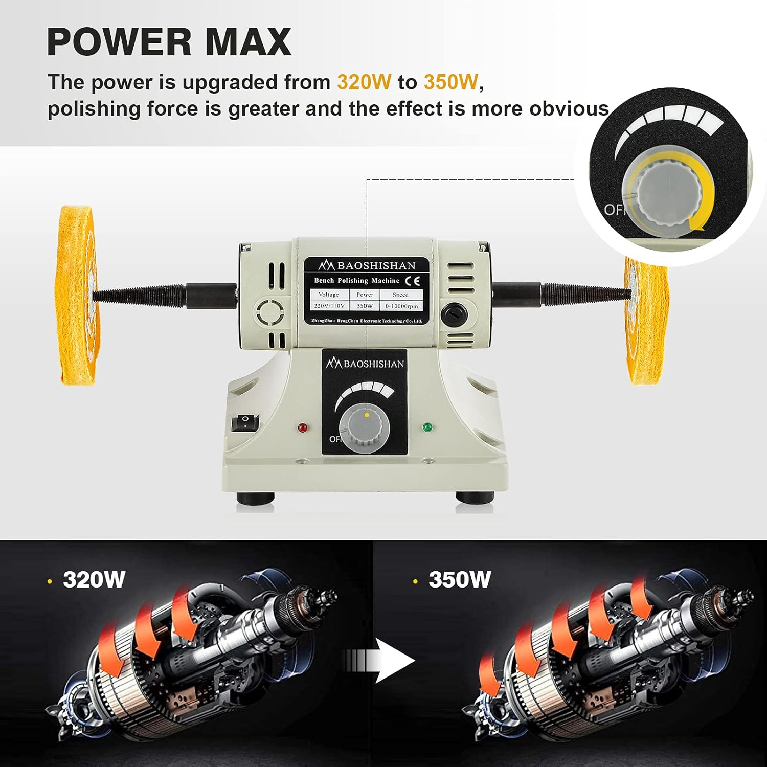 BAOSHISHAN Bench Buffer Polisher 350W 1/2HP Variable Speed Electric Buffing Machine 4 inch Heavy Duty Benchtop Lathe Polishing Machine for Jewelry, Wood, Silver, Amber, Metal, Jade 110V