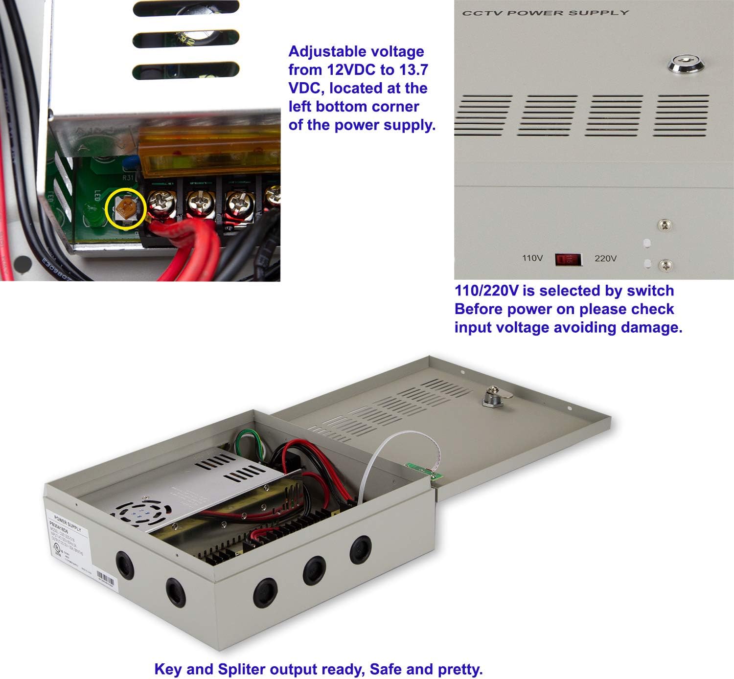 InstallerCCTV 18 Outputs 30 Amp 12V DC PTC CCTV Distributed Switching Power Supply Box for Security Camera w/Key, UL Listed Pack of 2