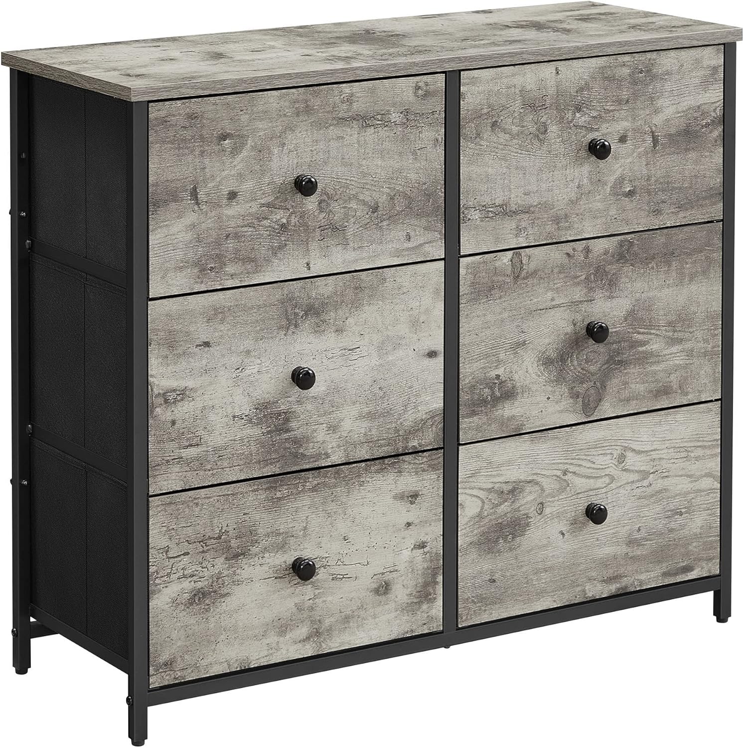 SONGMICS Dresser for Bedroom, Chest of Drawers, 6 Drawer Dresser, Closet Fabric Dresser with Metal Frame, Wooden Top and Front, Rustic Brown and Black ULGS23H