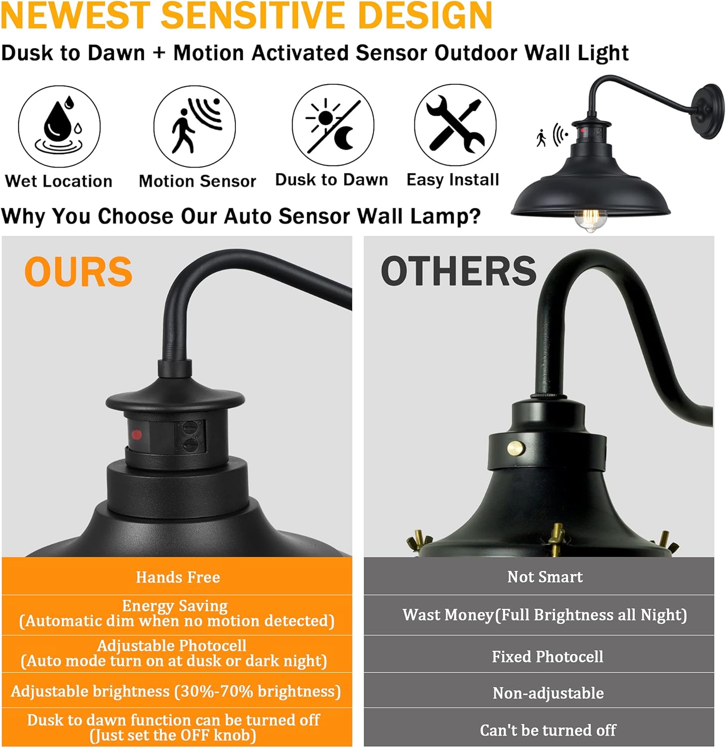 Dusk to Dawn Motion Activated Sensor Gooseneck Outdoor Wall Light Fixture, Industrial Outdoor Barn Light Matte Black Exterior Wall Sconce for Garage Porch Front Door, 2 Pack(Bulbs Included)