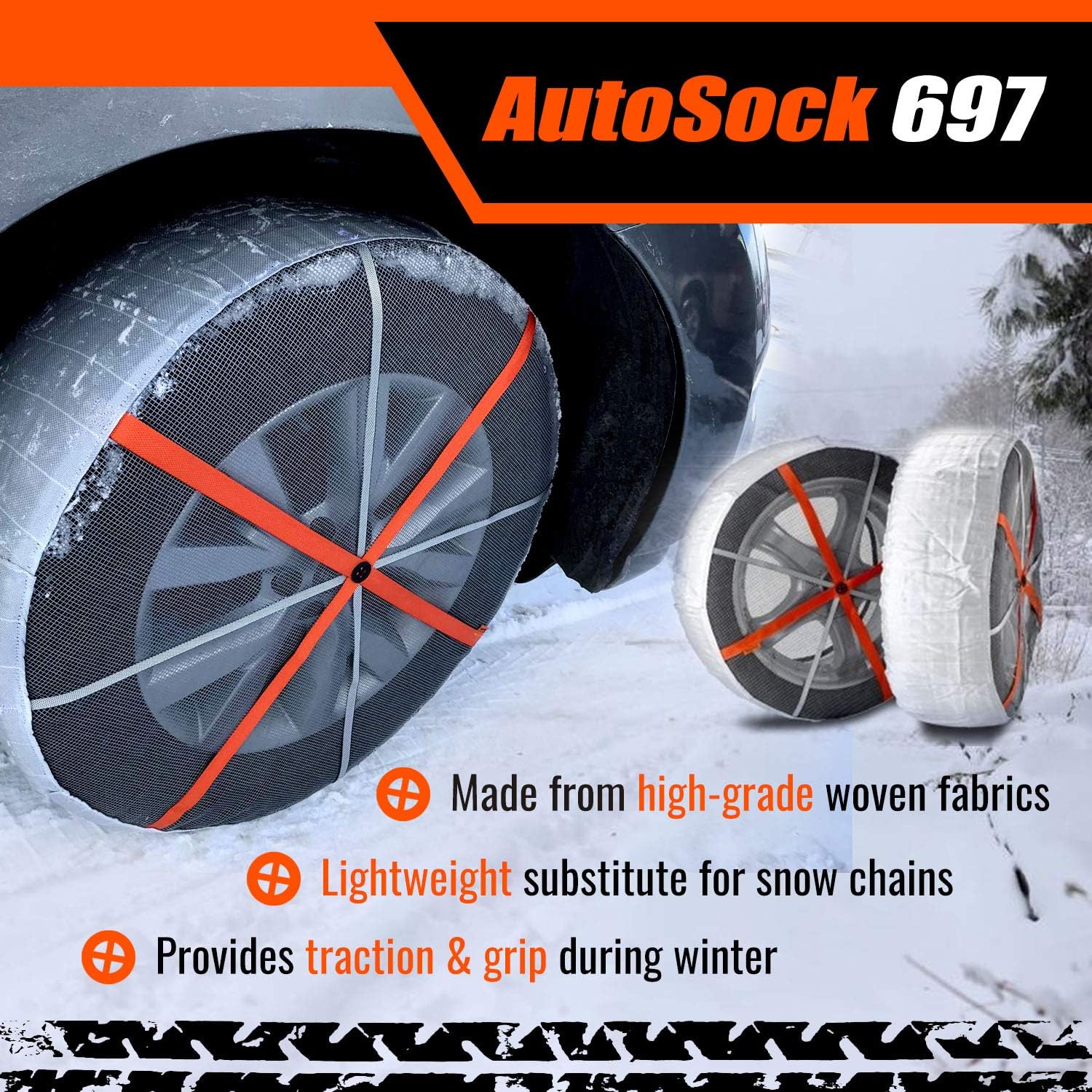 AUTOSOCK 697 Snow Socks for Car, SUV, & Pickup - Better Alternative to Tire Chains (Pack of 2)