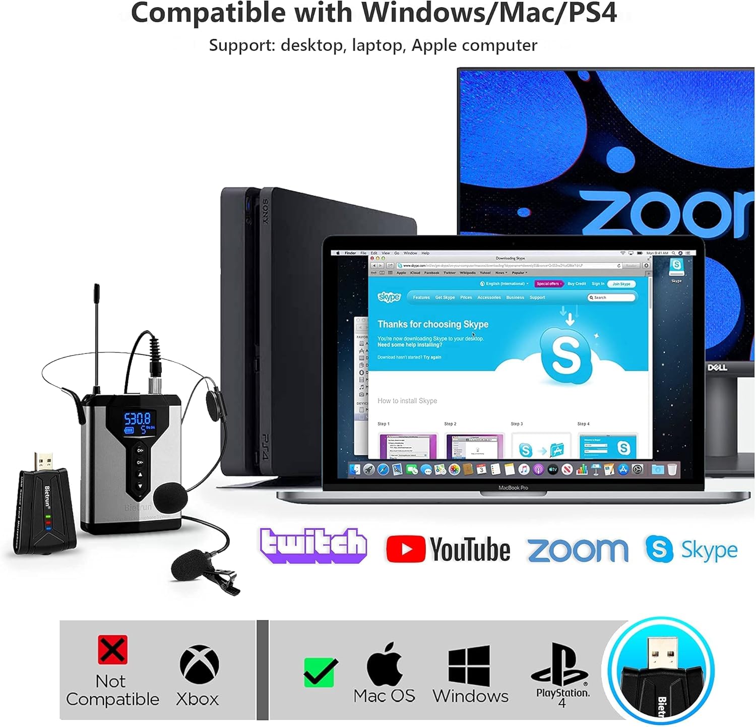 Bietrun Wireless USB Microphone for Computer/Laptop/PC/Windows＆Mac, 98 feet, Plug & Play, Wireless USB Lavalier Mic/Mic Headset System for Zoom Meetings, Instructor, Podcast, YouTube, Teaching