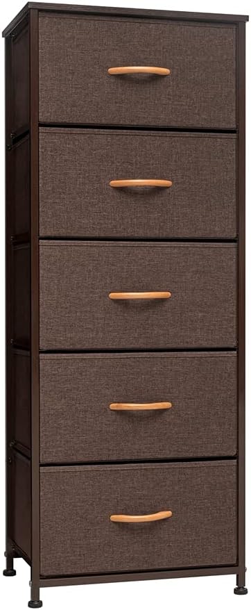 Crestlive Products Vertical Dresser Storage Tower - Sturdy Steel Frame, Wood Top, Easy Pull Fabric Bins, Wood Handles - Organizer Unit for Bedroom, Hallway, Entryway, Closets - 5 Drawers (Black&Gray)