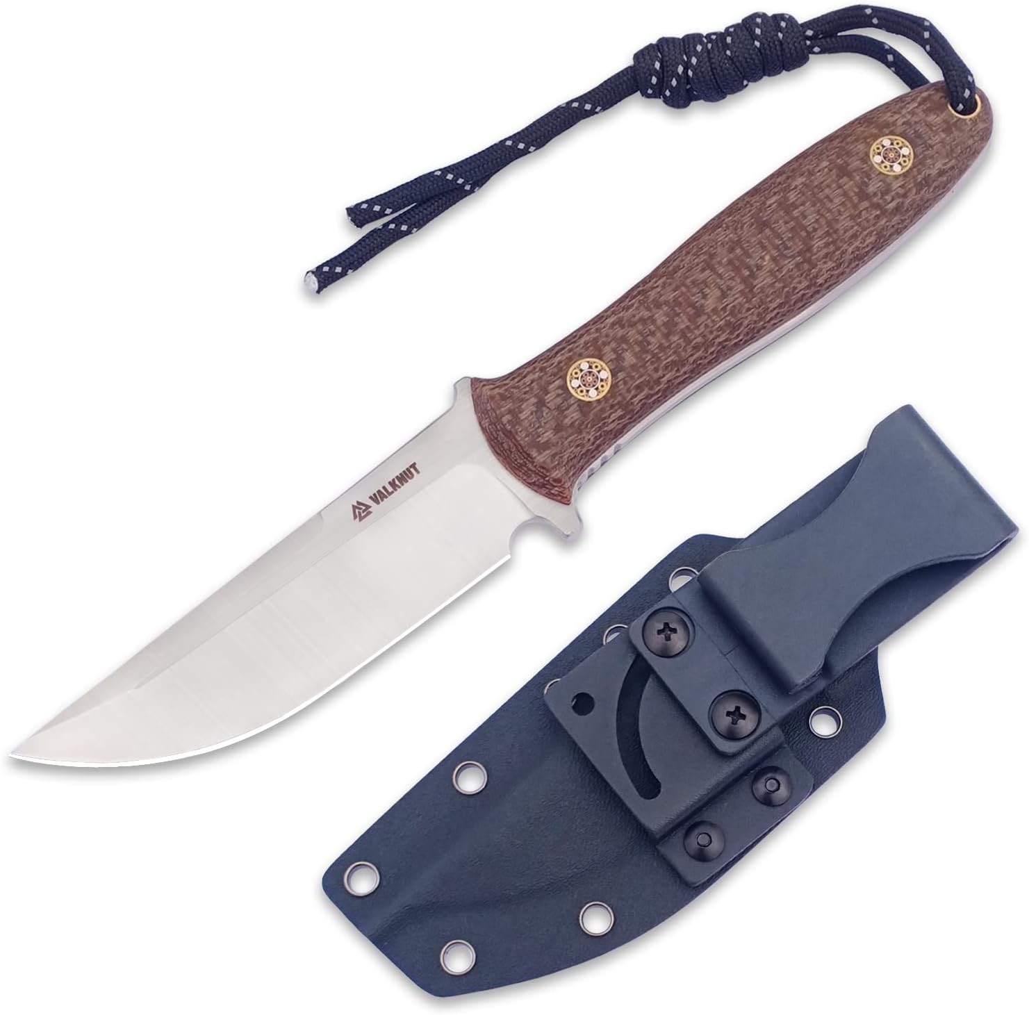 Fixed Blade Knife, VALKNUT D2 Steel Blade Full Tang Knives for Hunting Survival Bushcraft, 4'' Straight Back Blade Outdoor Camping Knife with Micarta Handle and Kydex Sheath